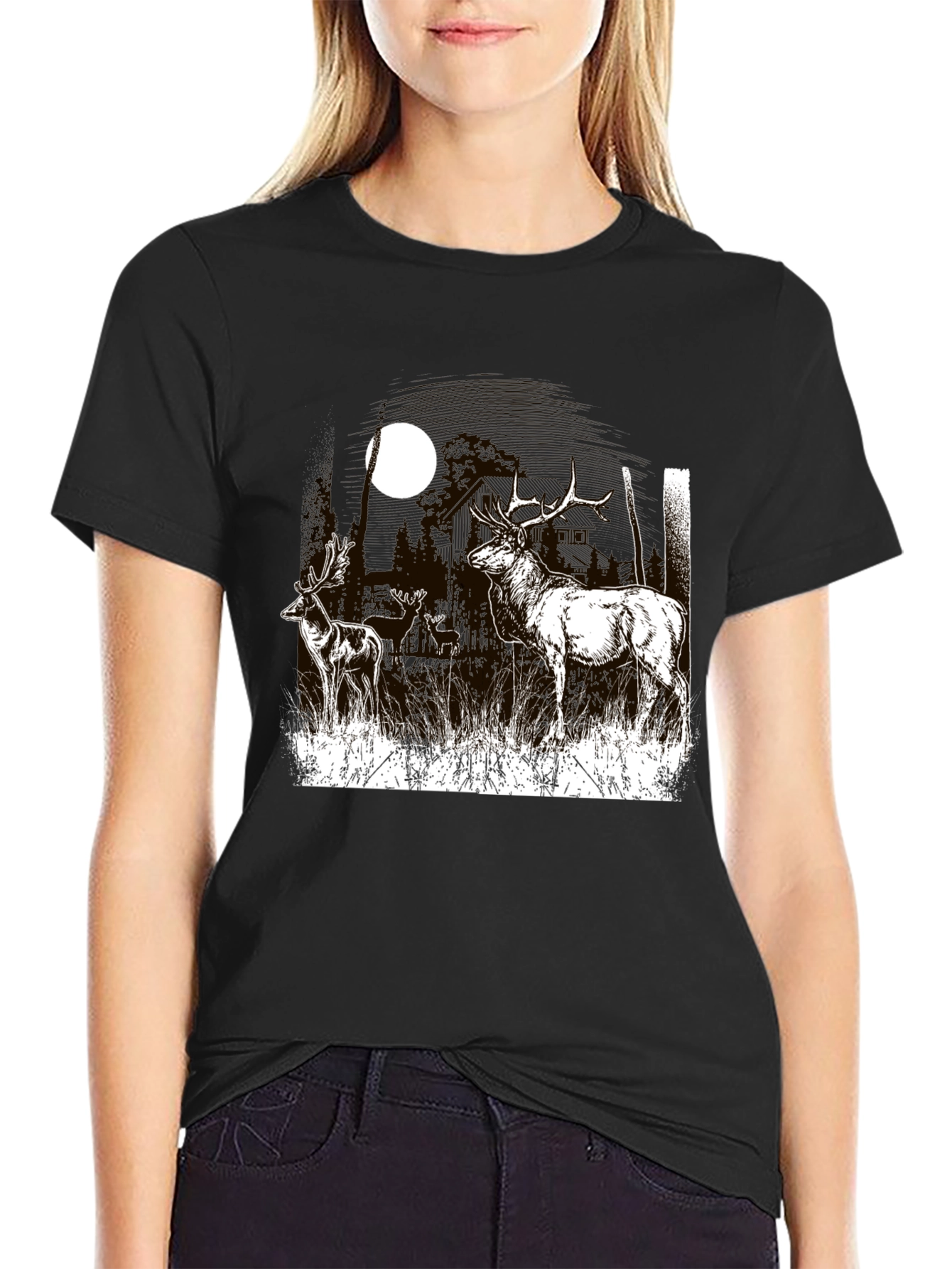 Deer Graphic T-Shirt Black Cotton Tee