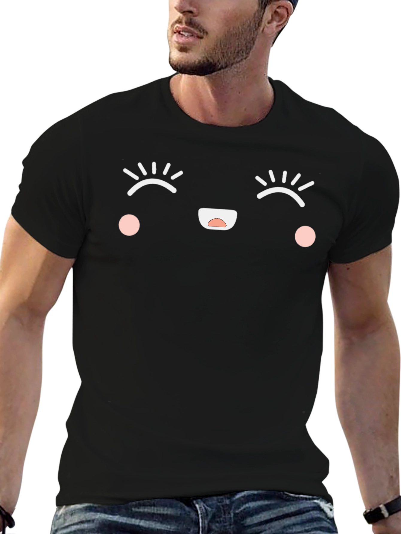 Cute Kawaii Face Graphic T-Shirt - Black