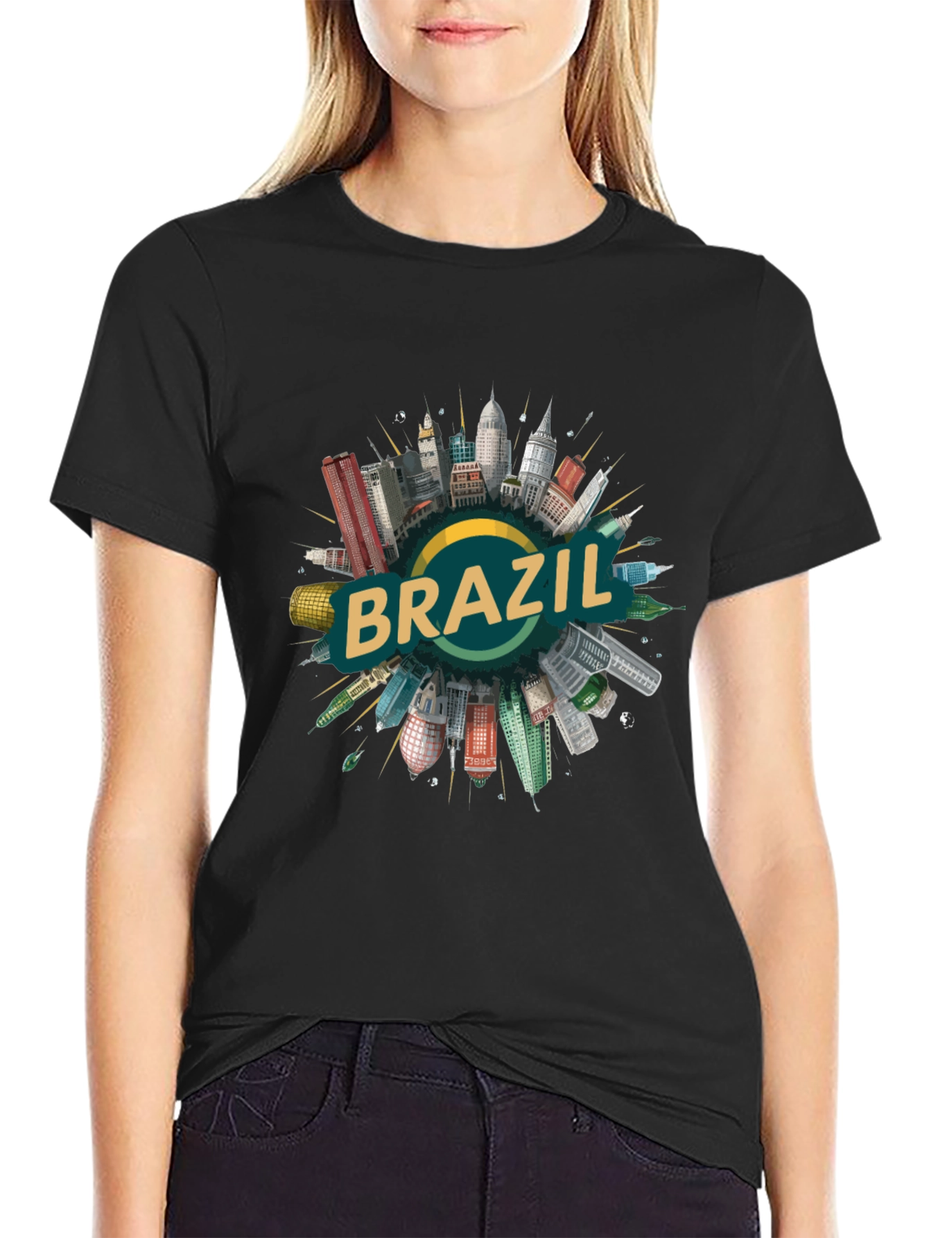 Brazil Cityscape Graphic Tee - Black Cotton T-Shirt