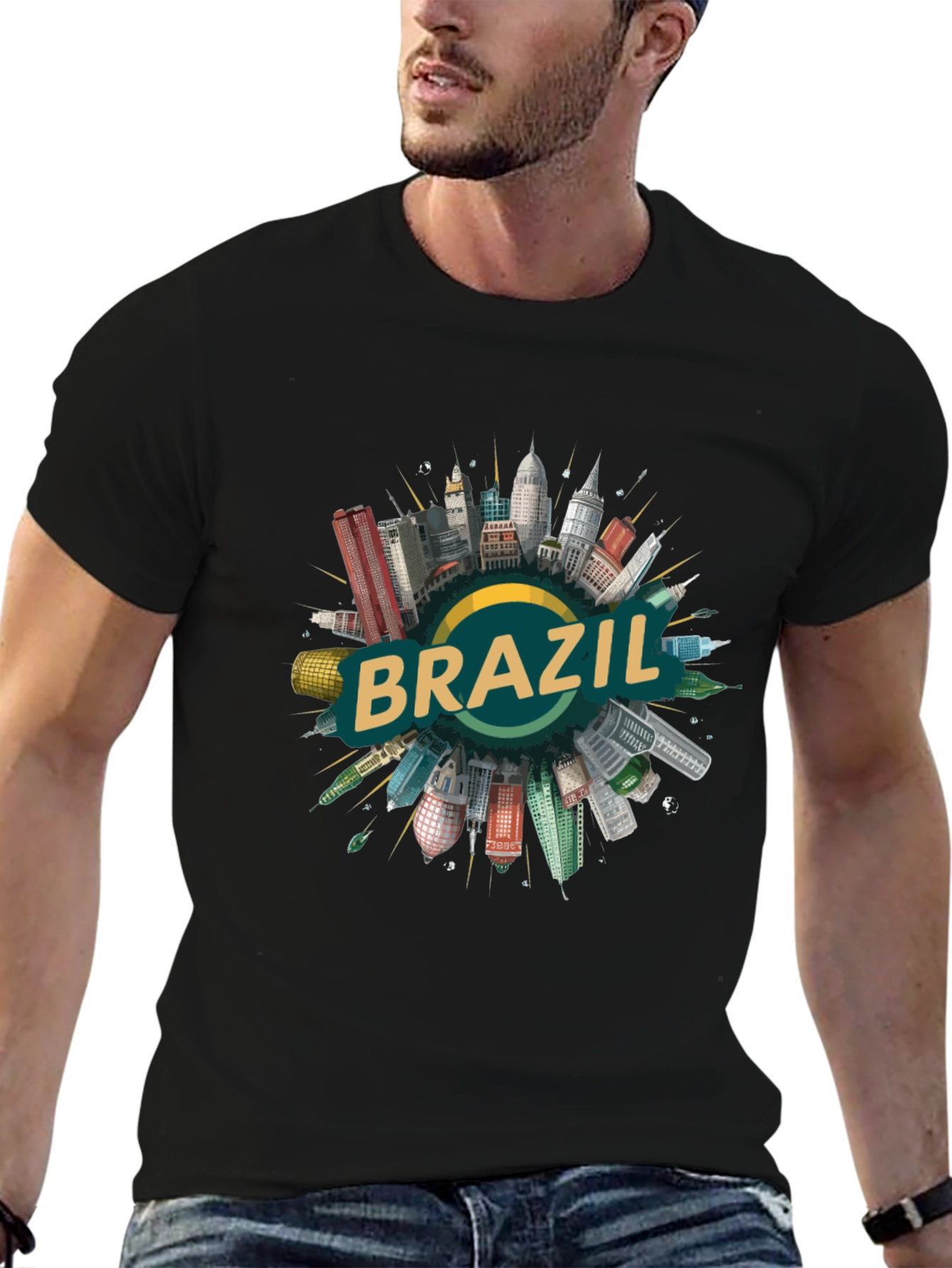 Brazil Cityscape Graphic Tee - Black Cotton T-Shirt