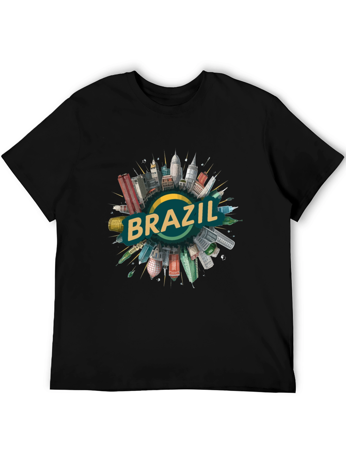 Brazil Cityscape Graphic Tee - Black Cotton T-Shirt