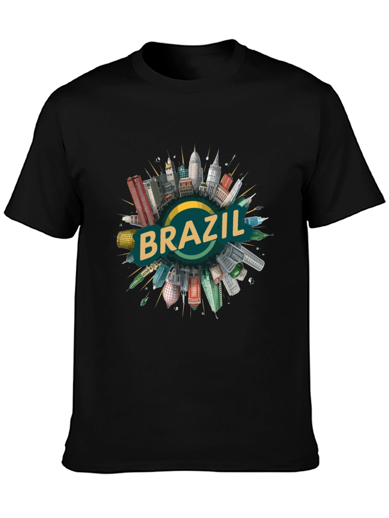 Brazil Cityscape Graphic Tee - Black Cotton T-Shirt