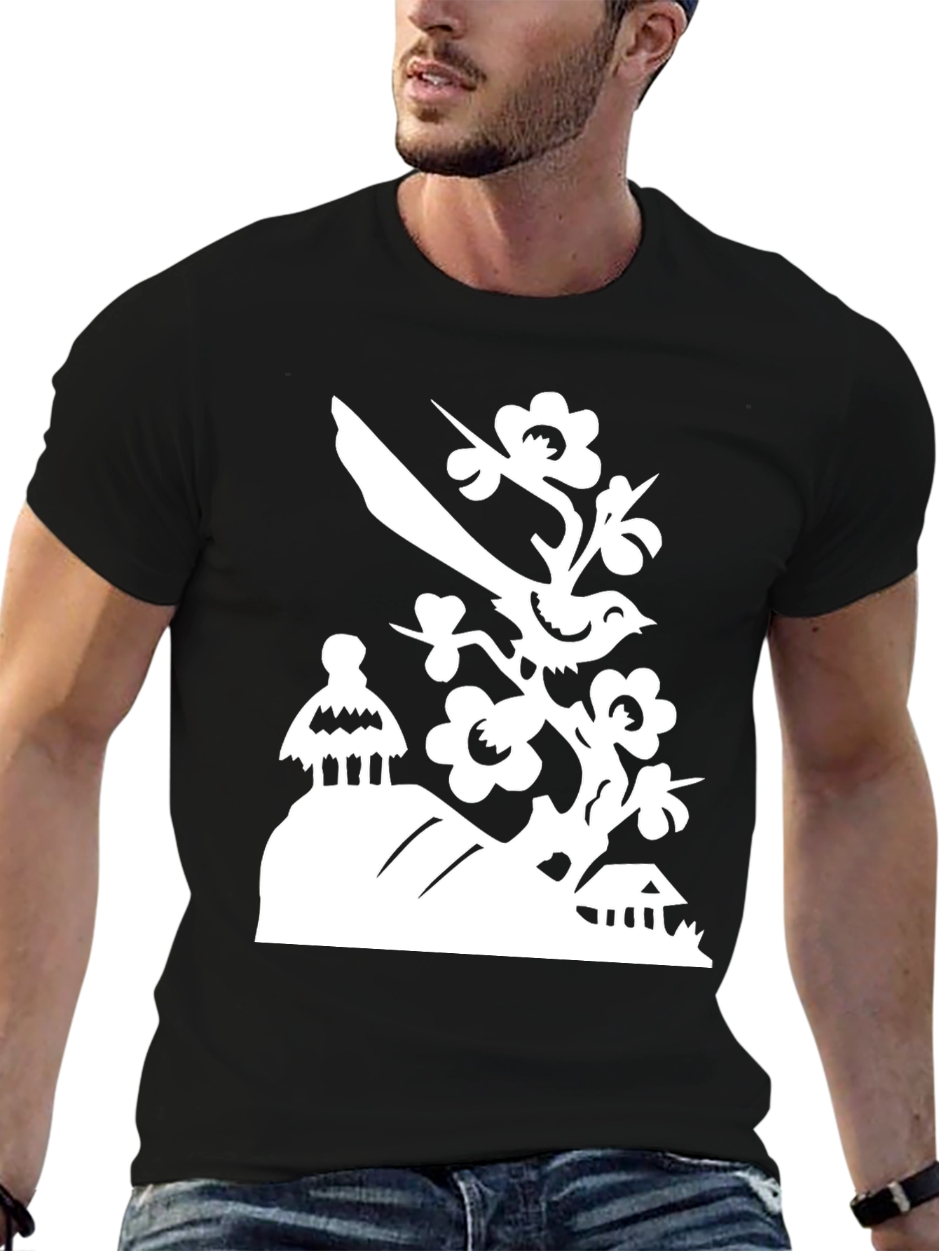 Bird on Branch T-Shirt - Black