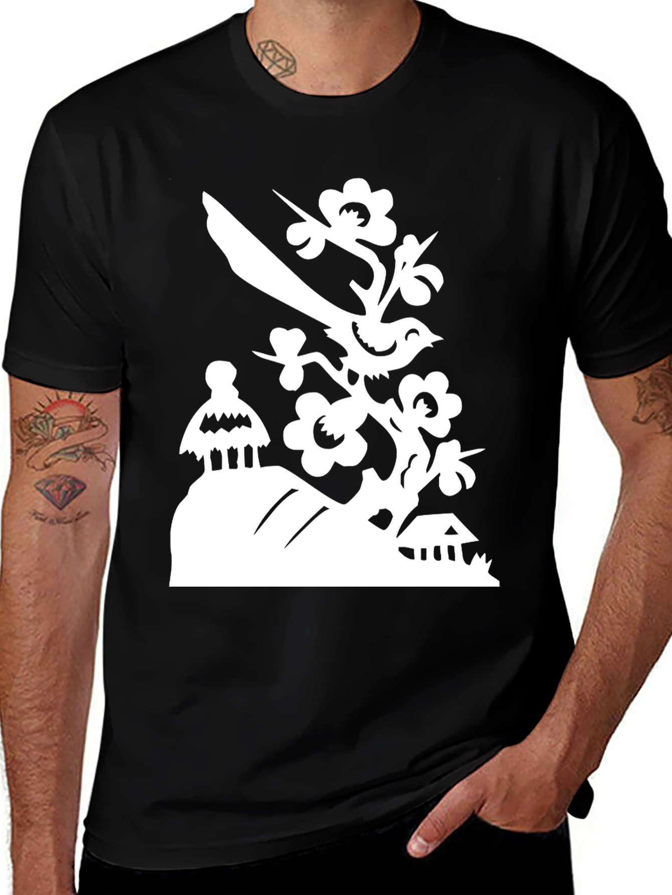 Bird on Branch T-Shirt - Black