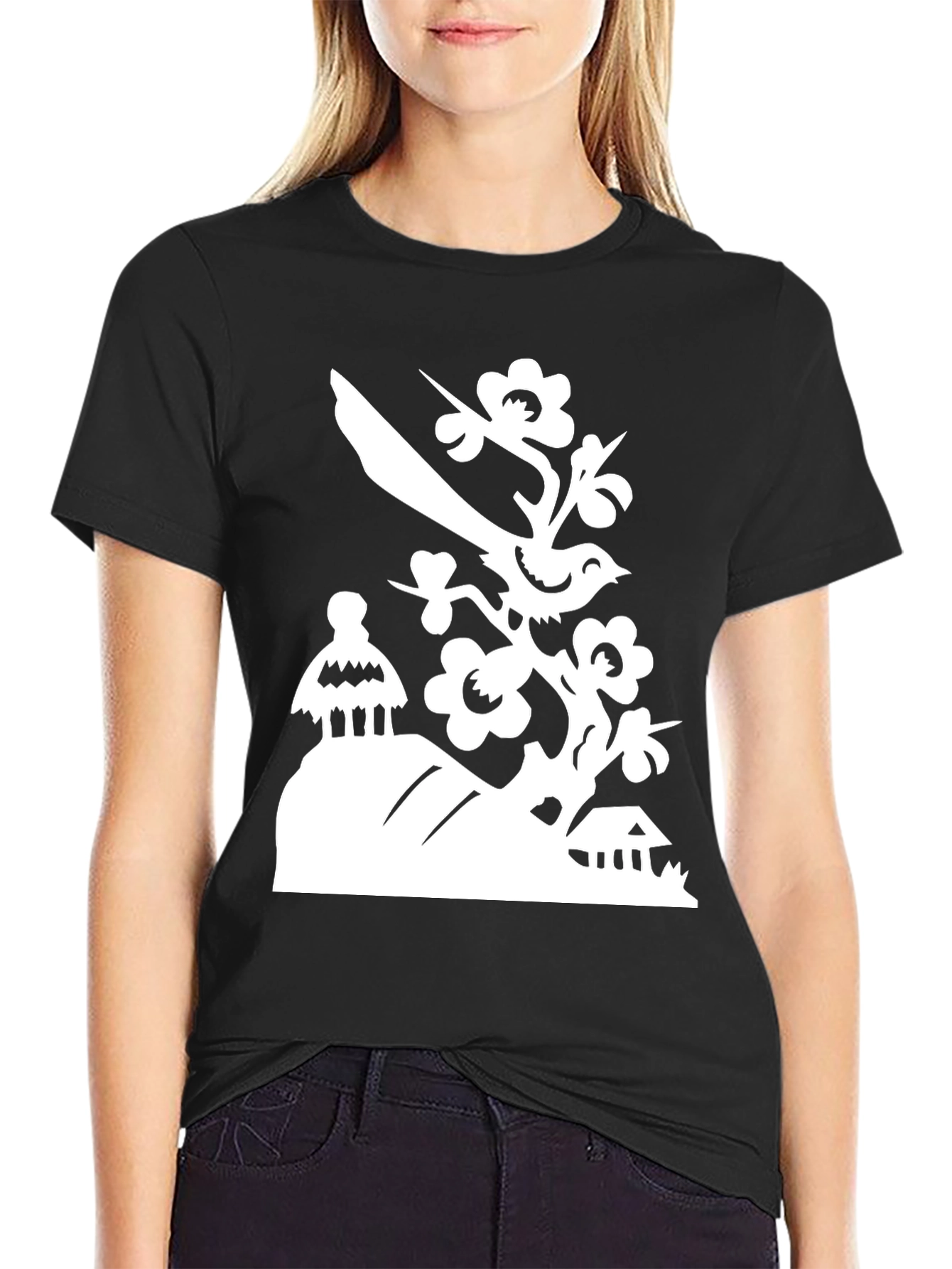 Bird on Branch T-Shirt - Black