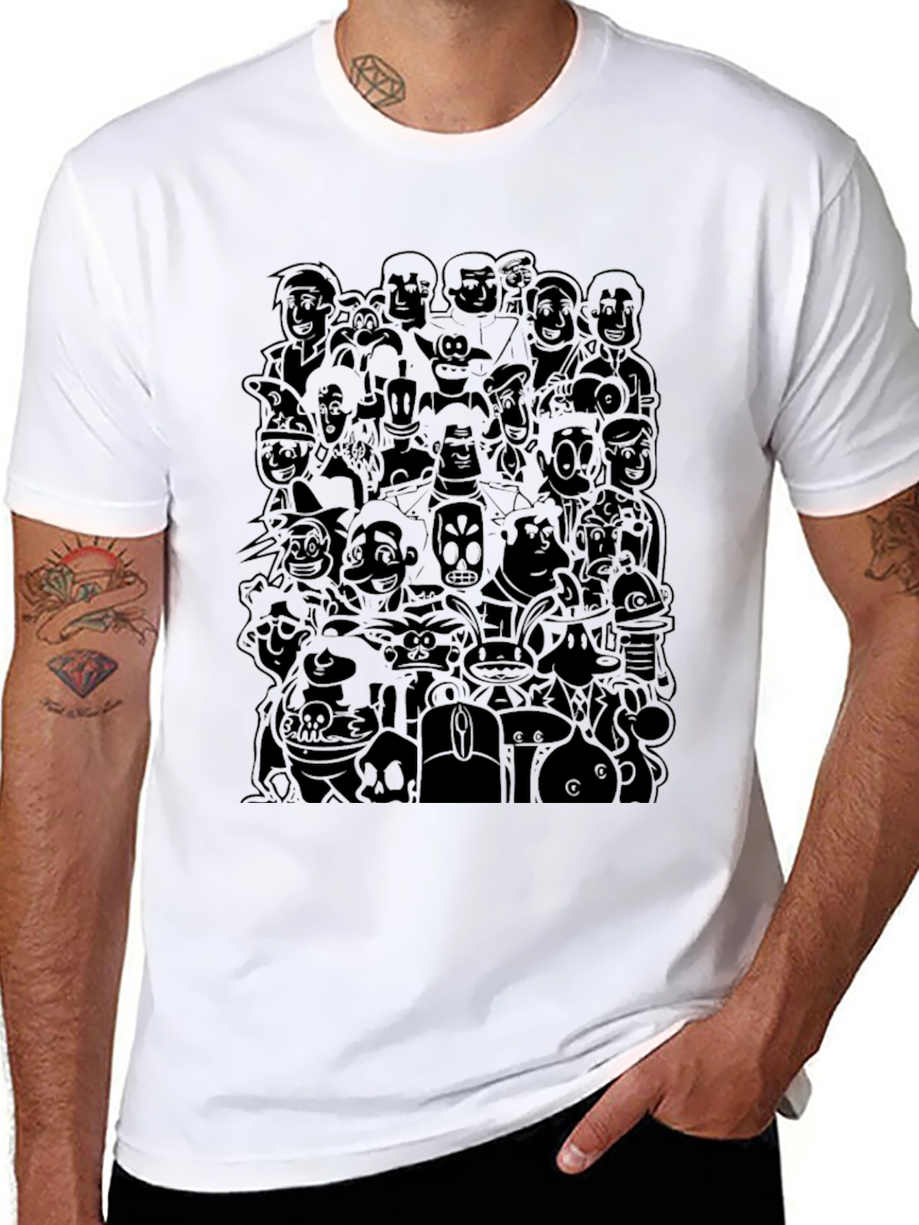 Retro Cartoon Character Print Black T-Shirt