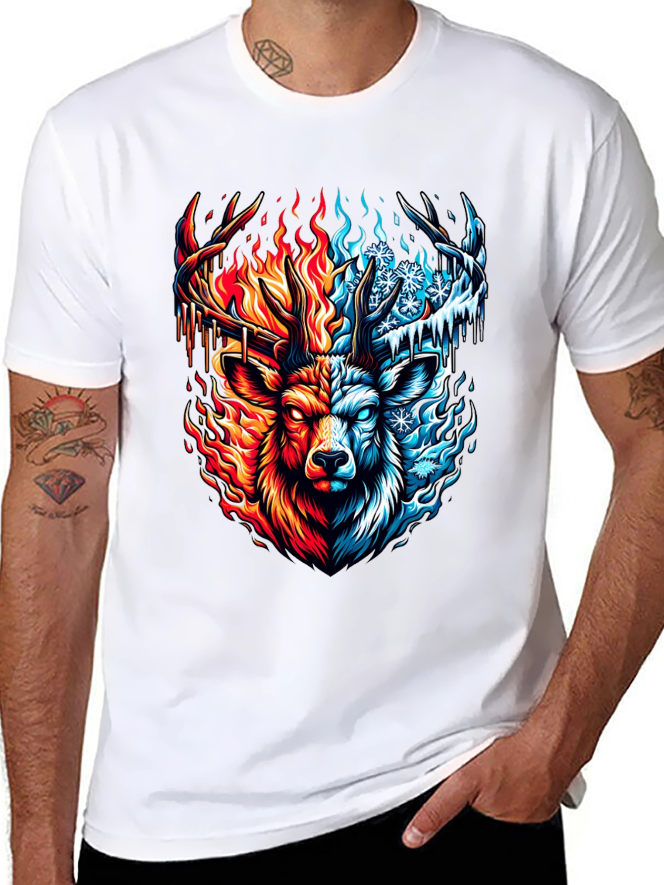 Fire and Ice Deer Graphic T-Shirt