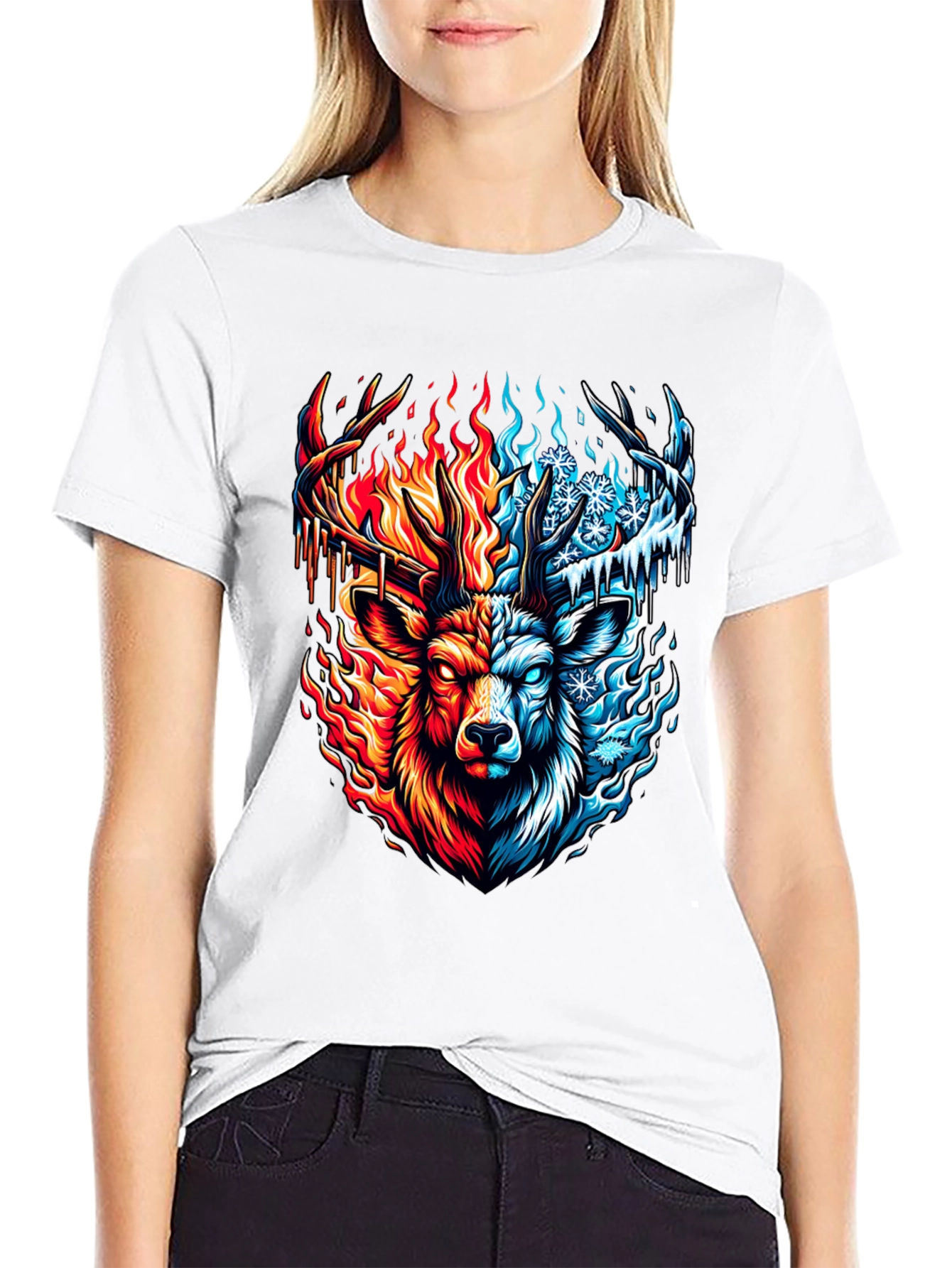 Fire and Ice Deer Graphic T-Shirt