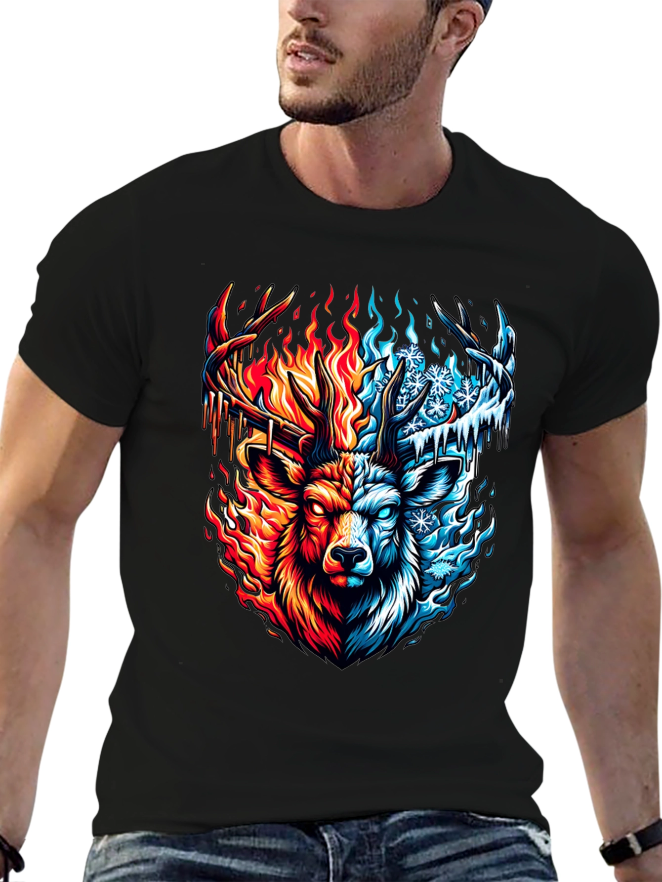 Fire and Ice Deer Graphic T-Shirt