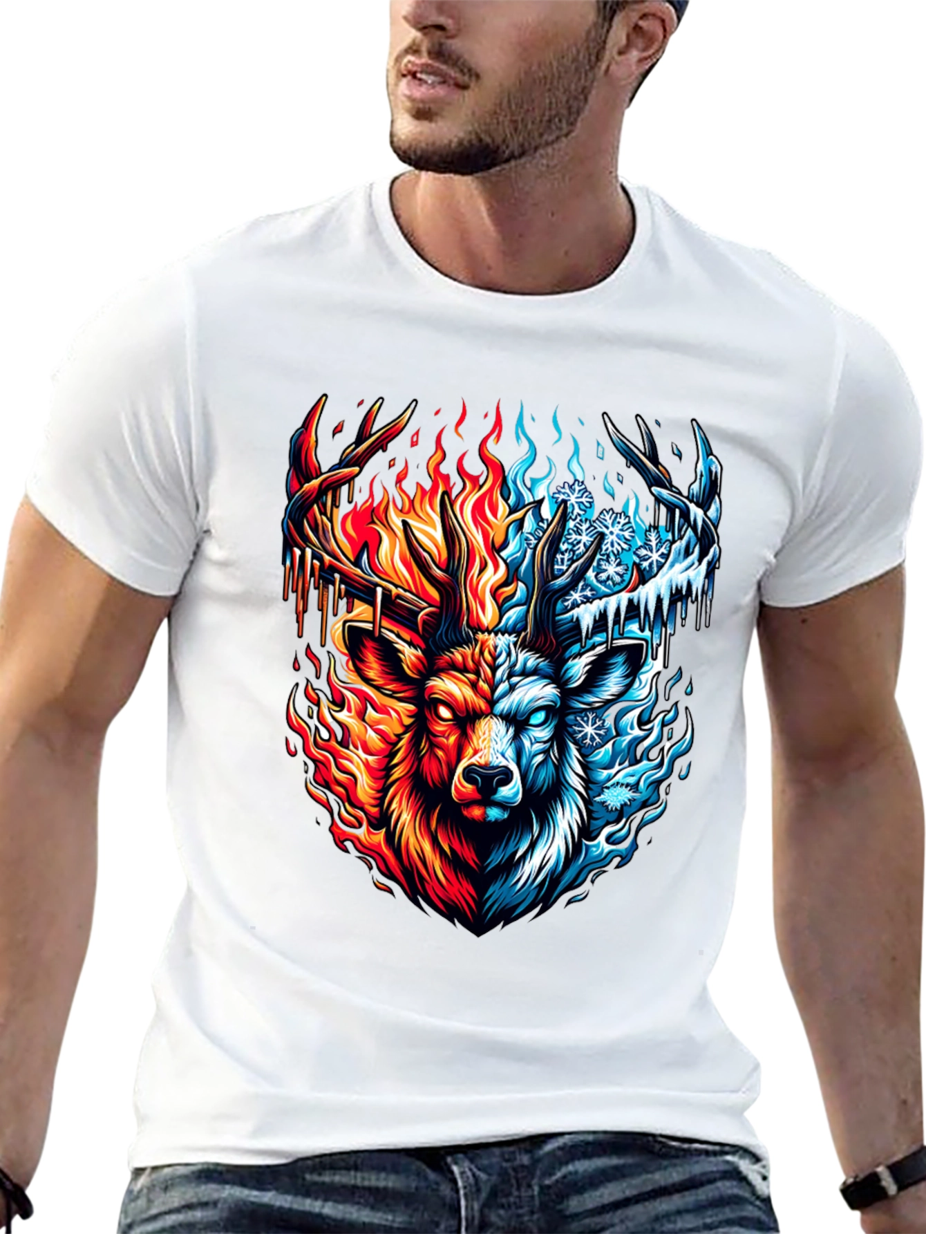 Fire and Ice Deer Graphic T-Shirt