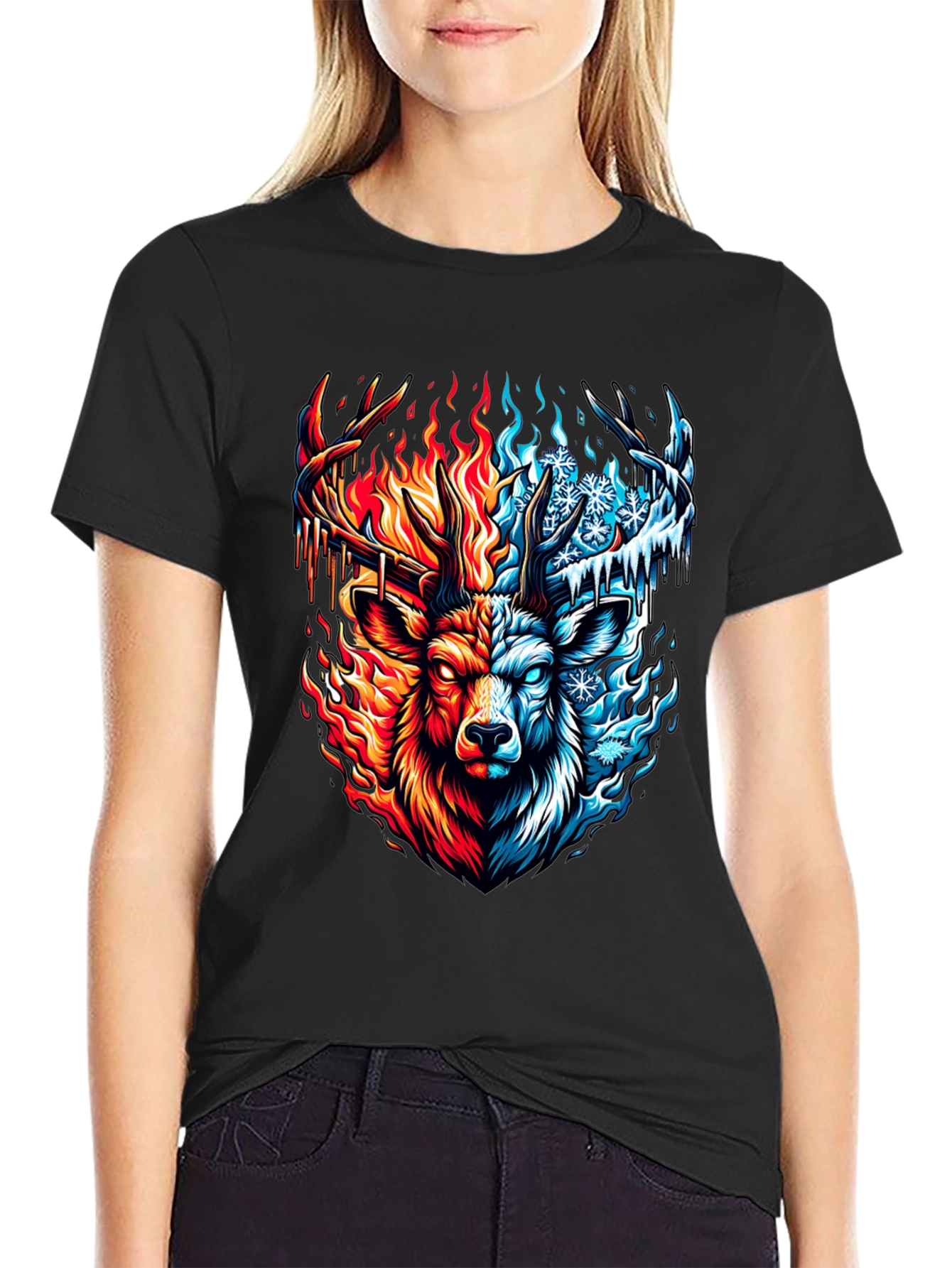 Fire and Ice Deer Graphic T-Shirt