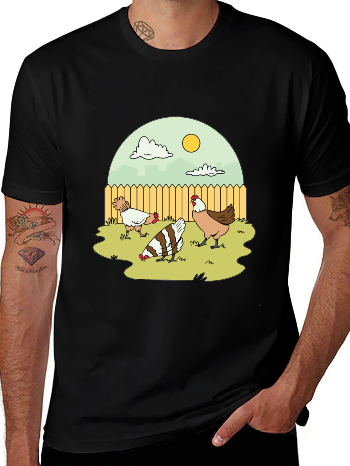 Cartoon Chicken Coop T-Shirt - Black