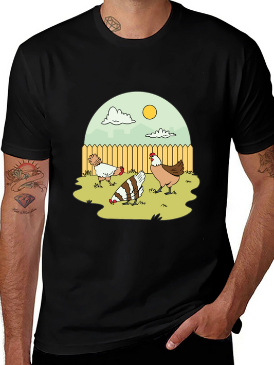 Cartoon Chicken Coop T-Shirt - Black