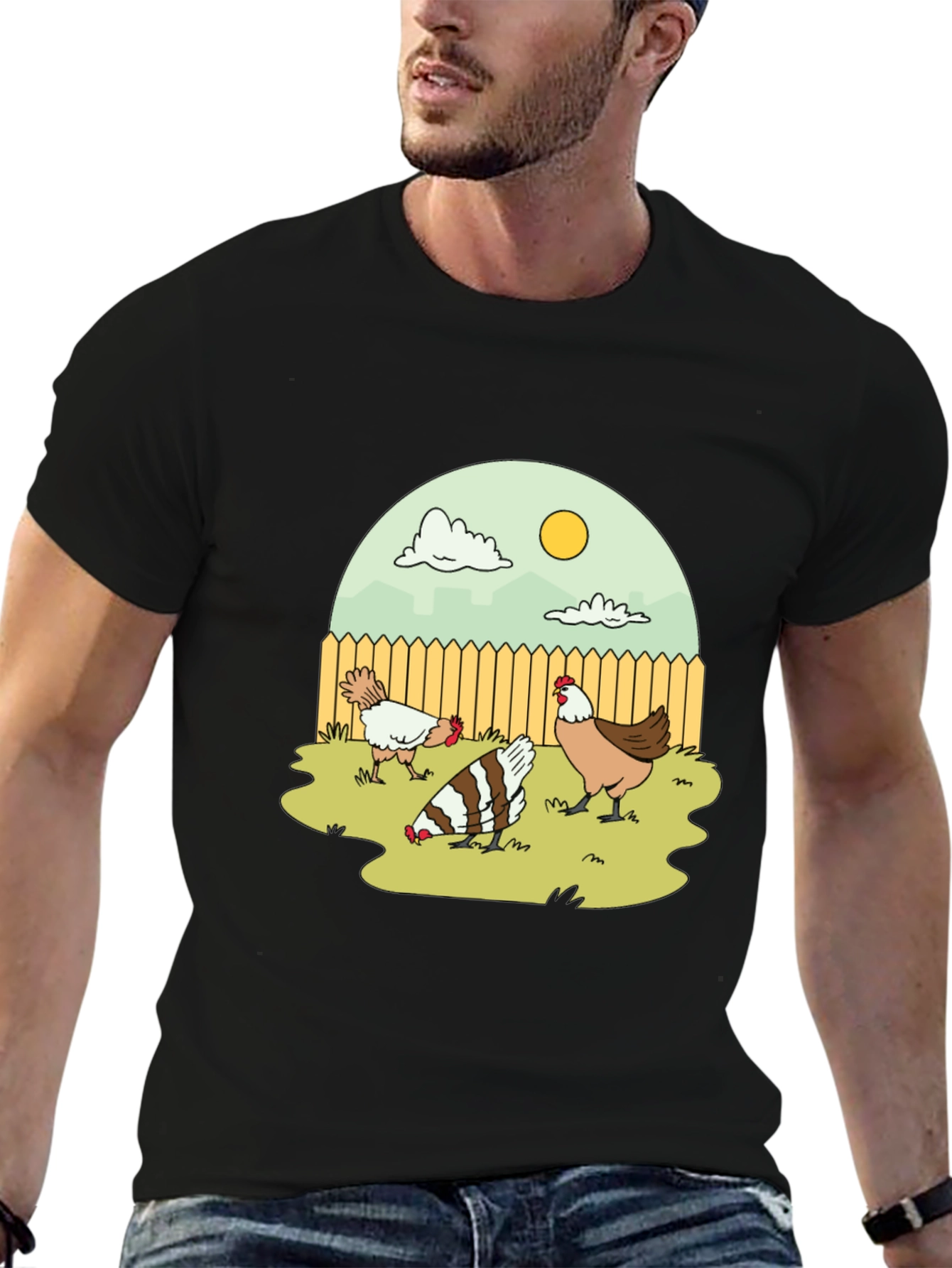 Cartoon Chicken Coop T-Shirt - Black
