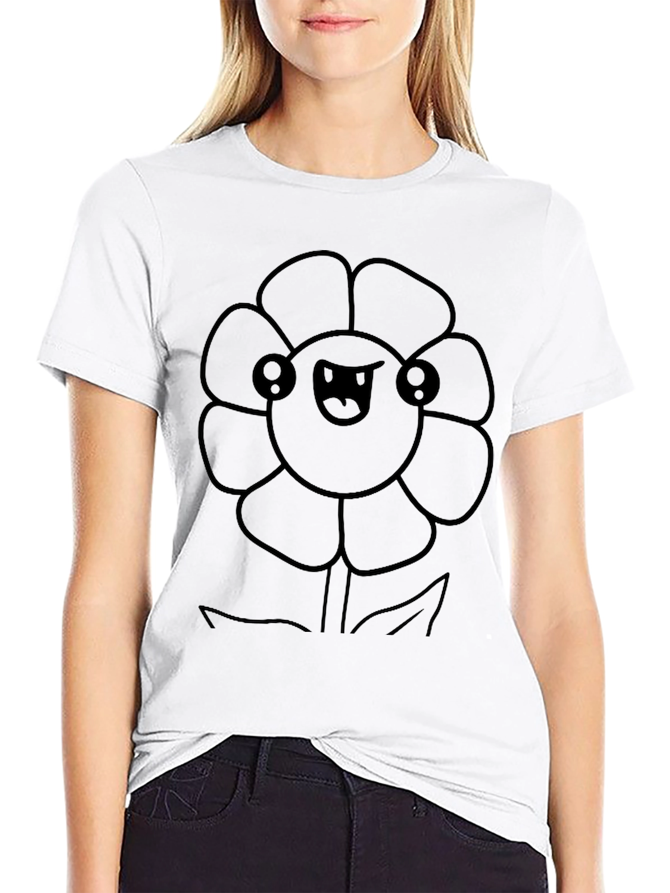 Kawaii Flower Graphic Tee - Black Cotton T-Shirt
