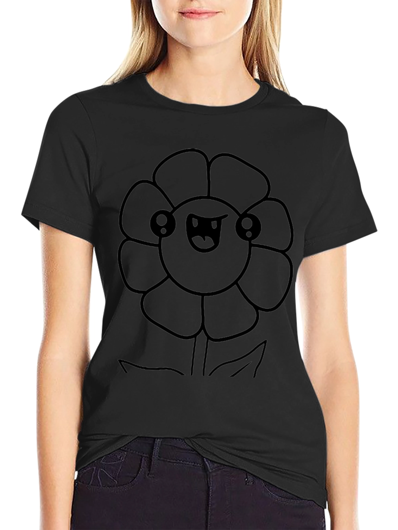 Kawaii Flower Graphic Tee - Black Cotton T-Shirt