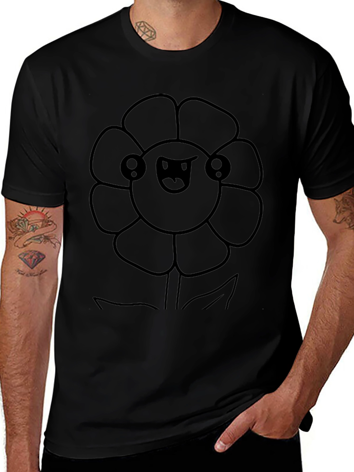 Kawaii Flower Graphic Tee - Black Cotton T-Shirt