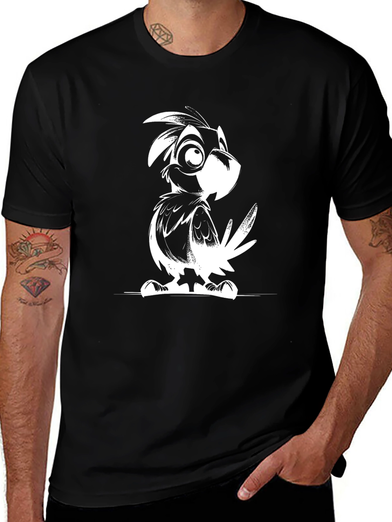 Cartoon Bird Graphic Tee - Black