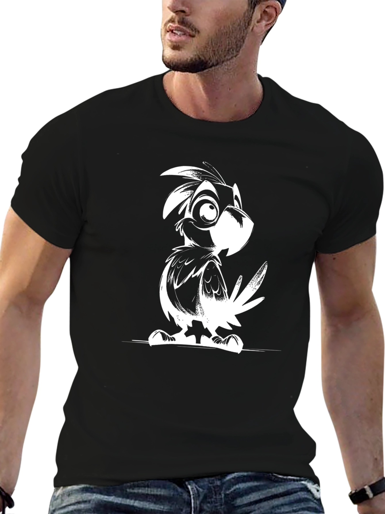 Cartoon Bird Graphic Tee - Black