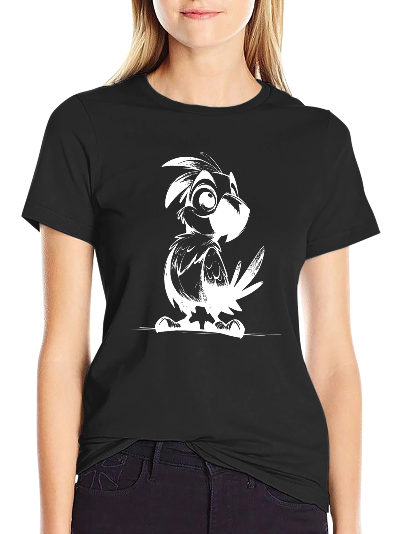 Cartoon Bird Graphic Tee - Black