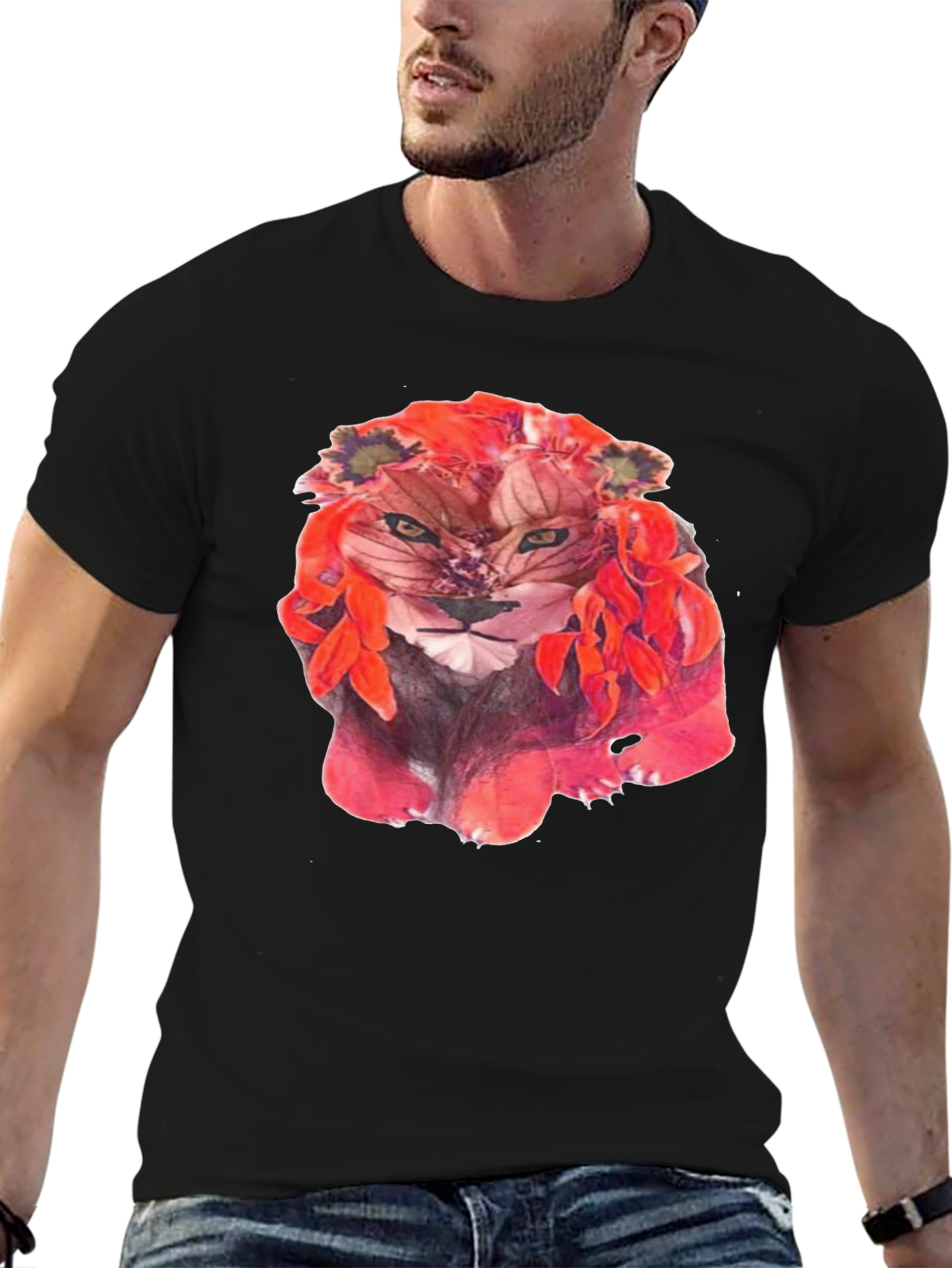 Floral Lion Graphic Tee - Unique Artistic Design