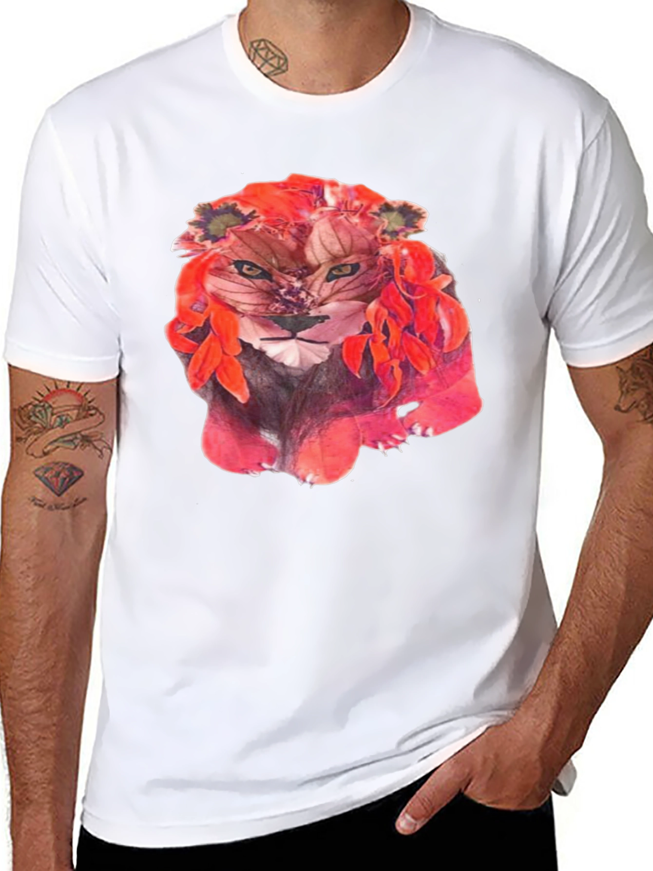 Floral Lion Graphic Tee - Unique Artistic Design