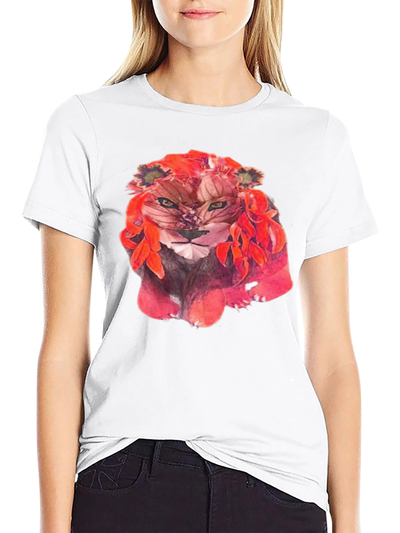 Floral Lion Graphic Tee - Unique Artistic Design