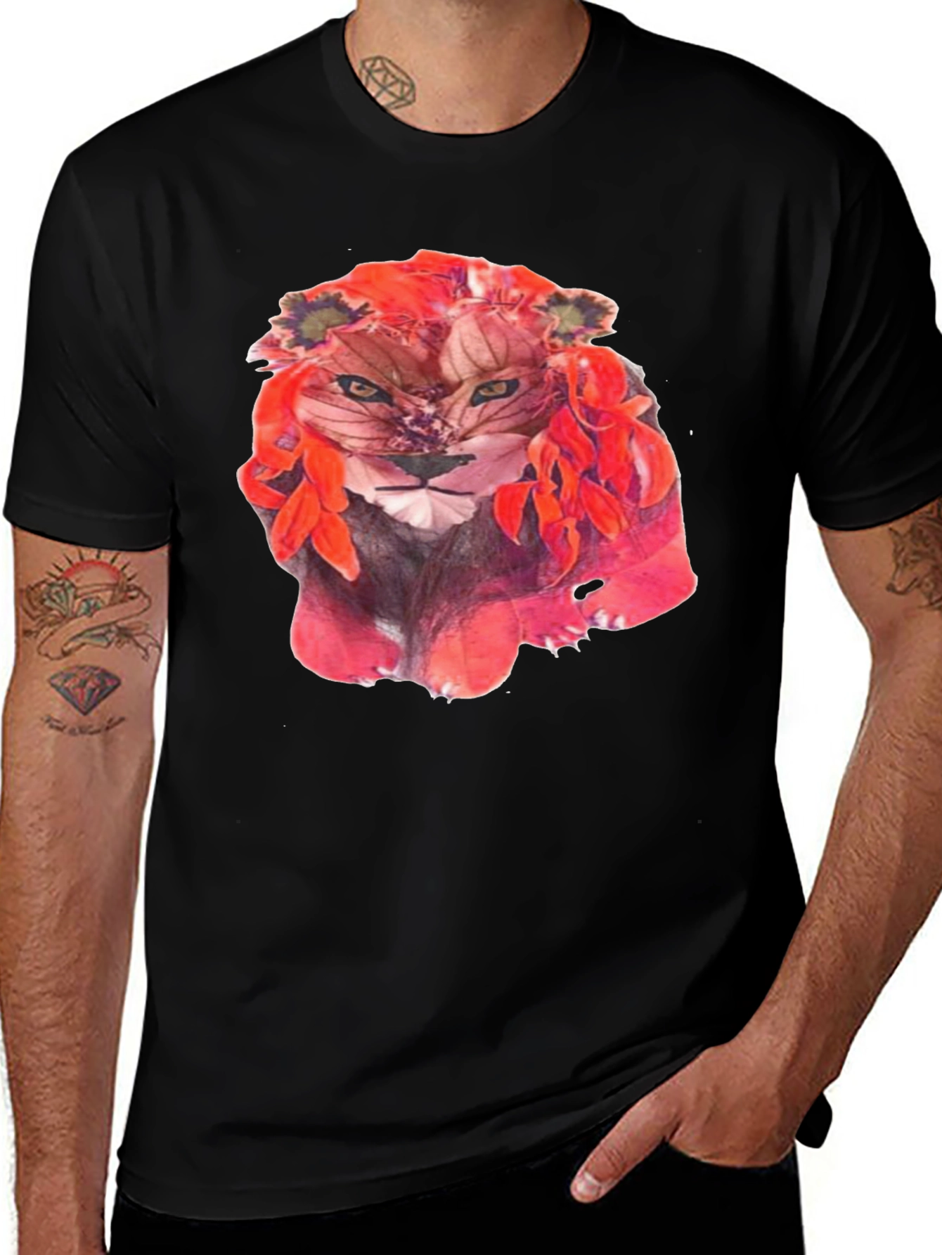 Floral Lion Graphic Tee - Unique Artistic Design