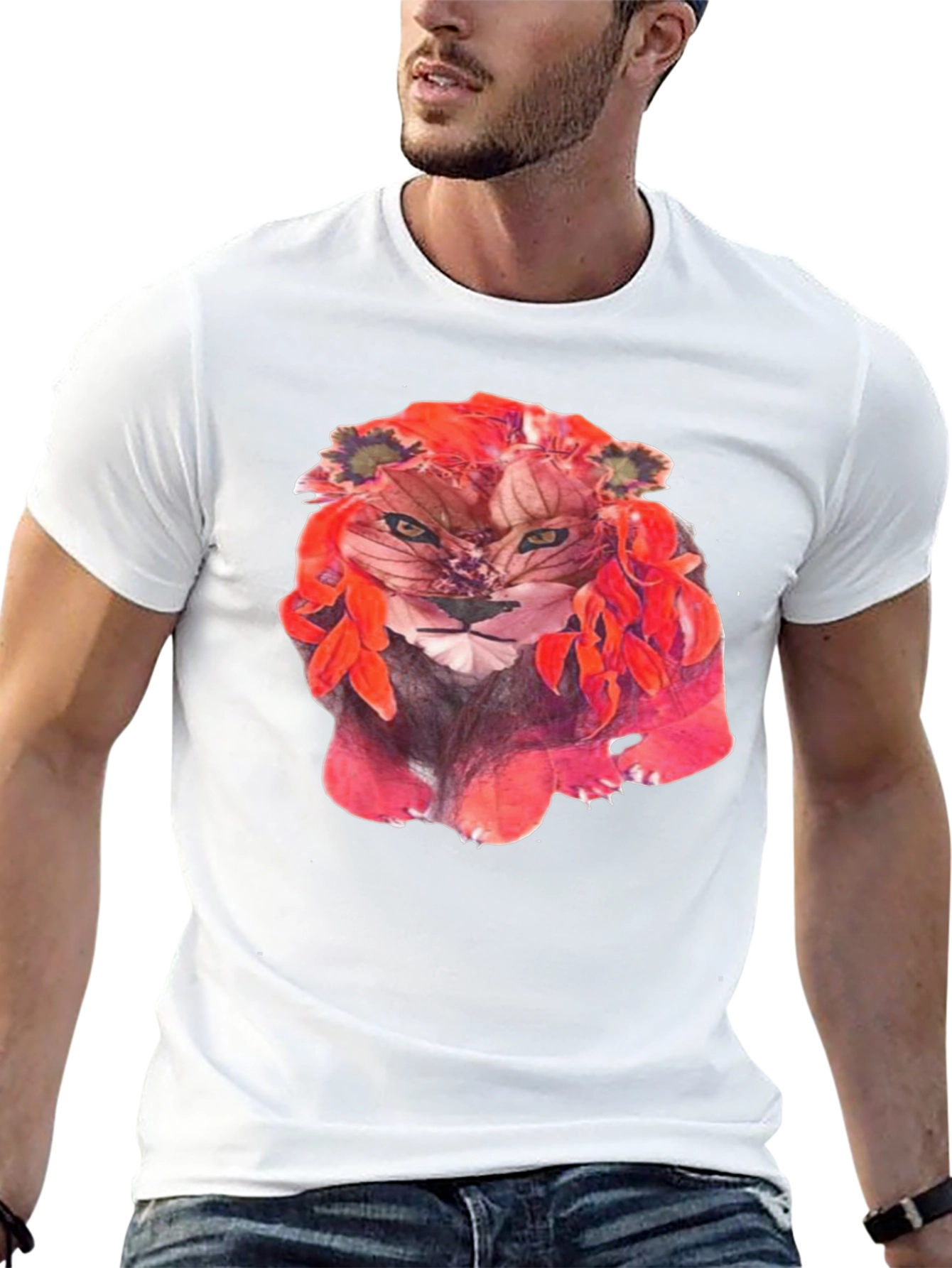 Floral Lion Graphic Tee - Unique Artistic Design