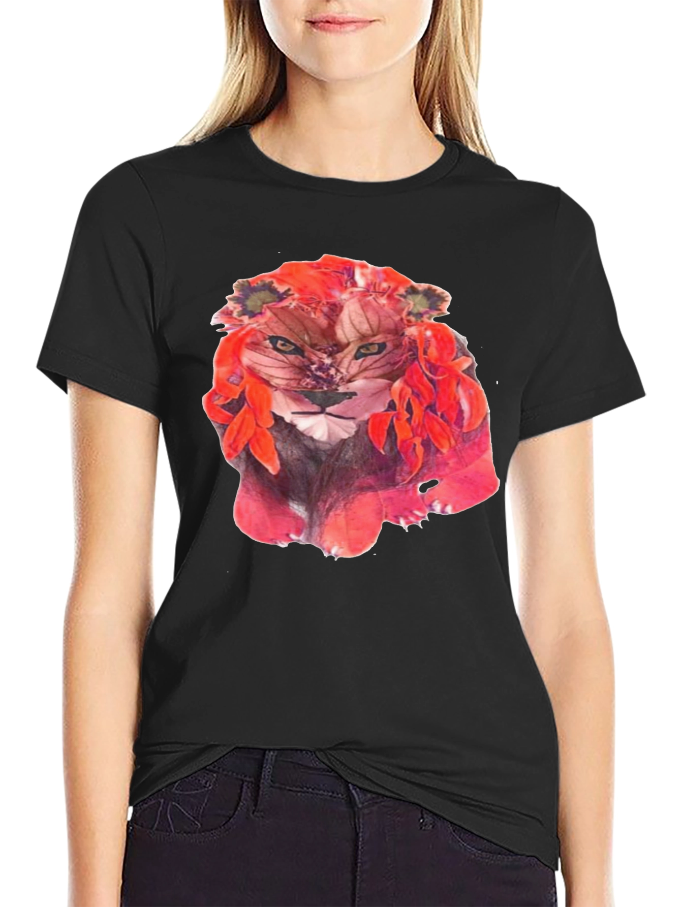 Floral Lion Graphic Tee - Unique Artistic Design