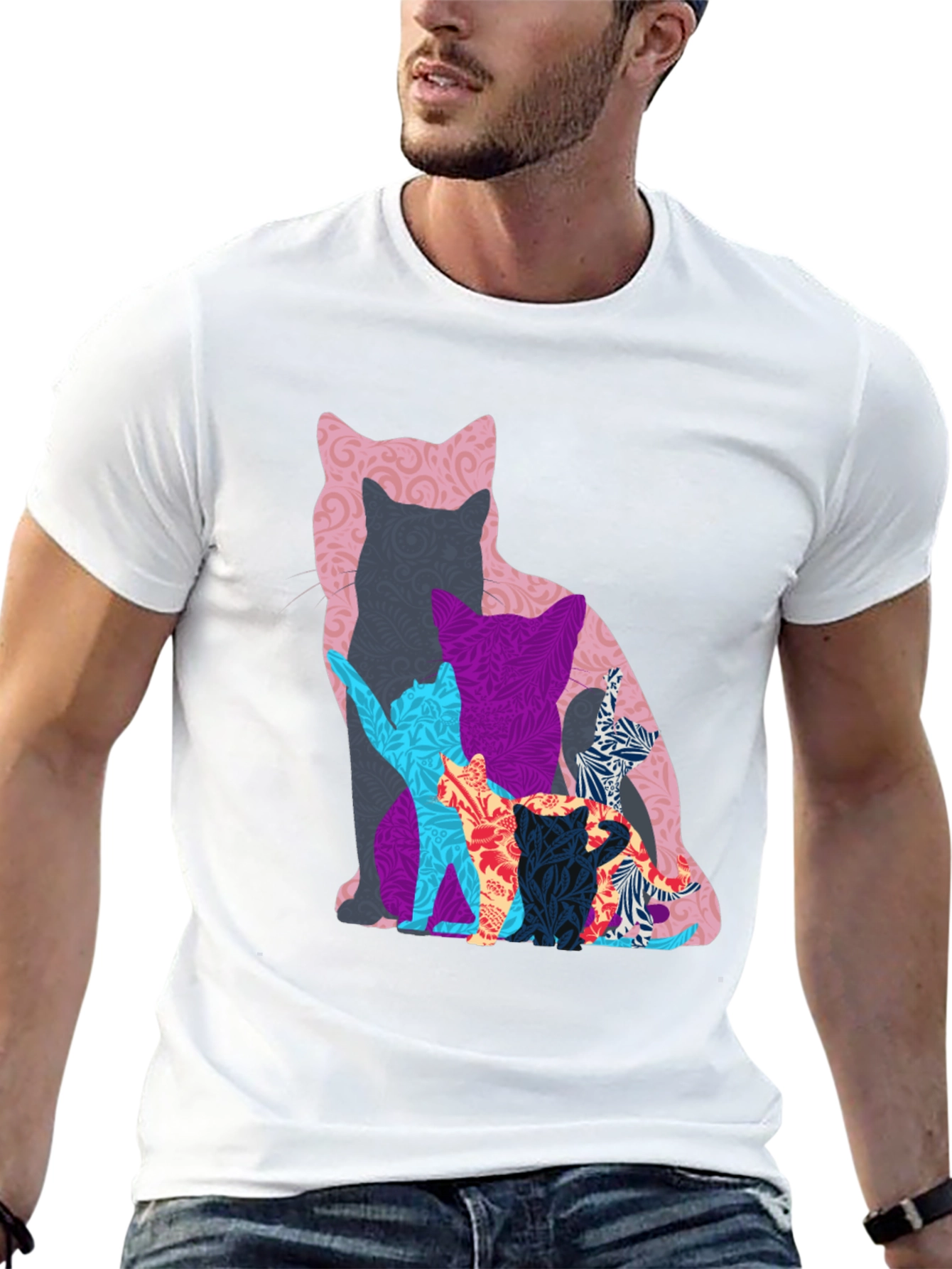 Stylish Cat Silhouette Graphic Tee - Black