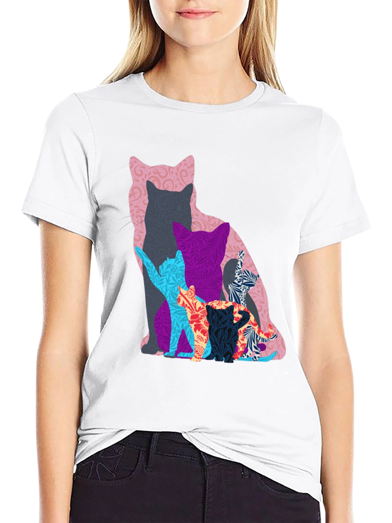 Stylish Cat Silhouette Graphic Tee - Black