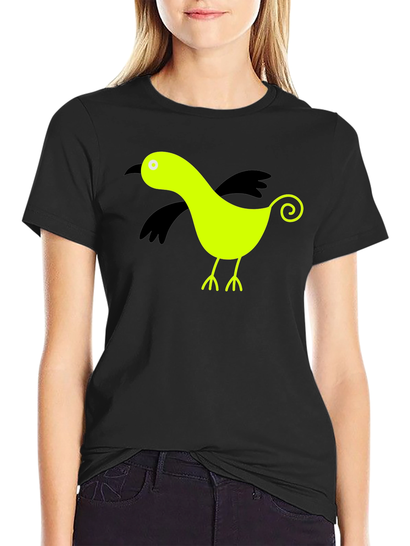 Whimsical Bird Graphic Tee - Black