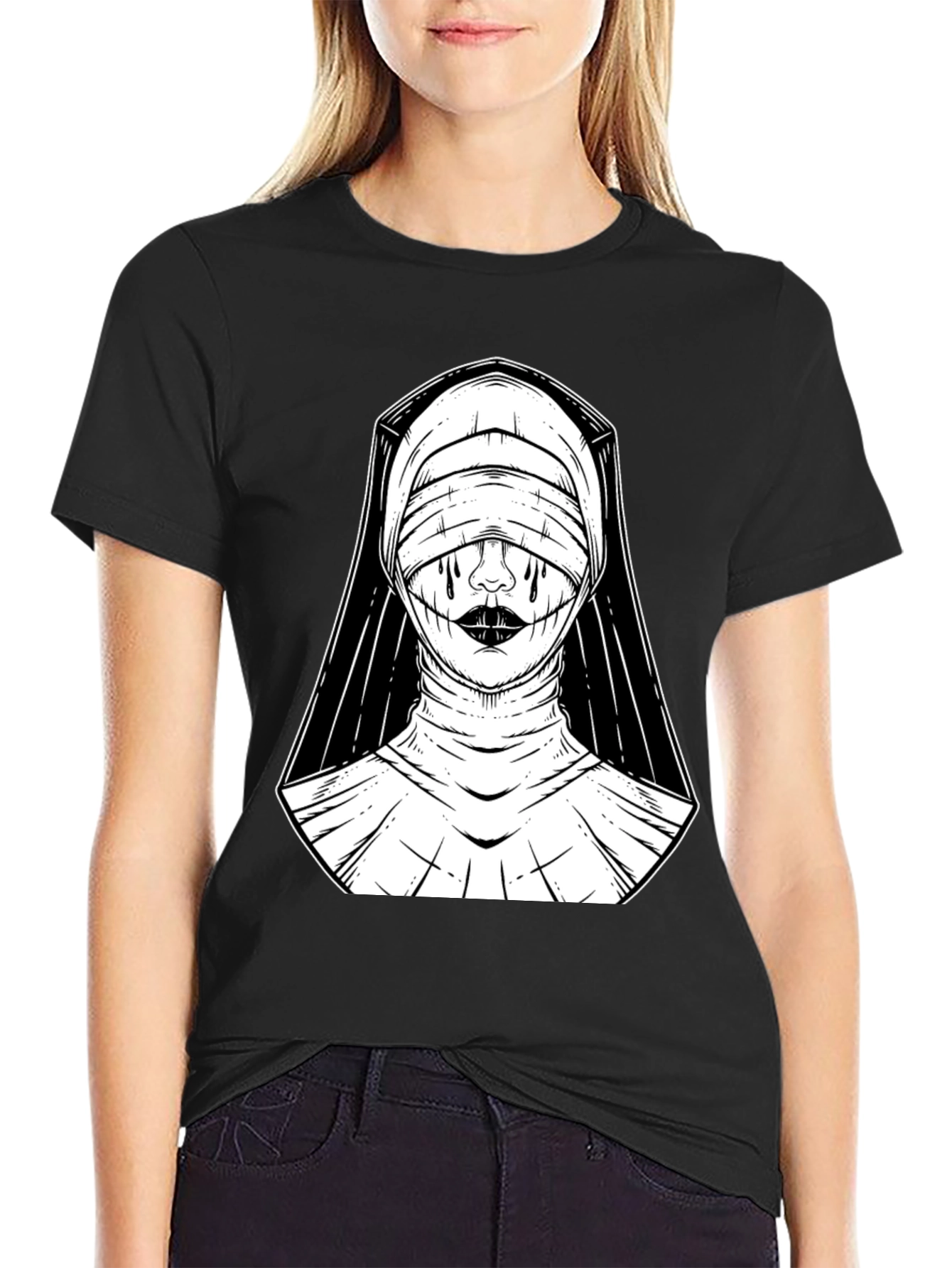 Nun Graphic Print T-Shirt - Gothic Style