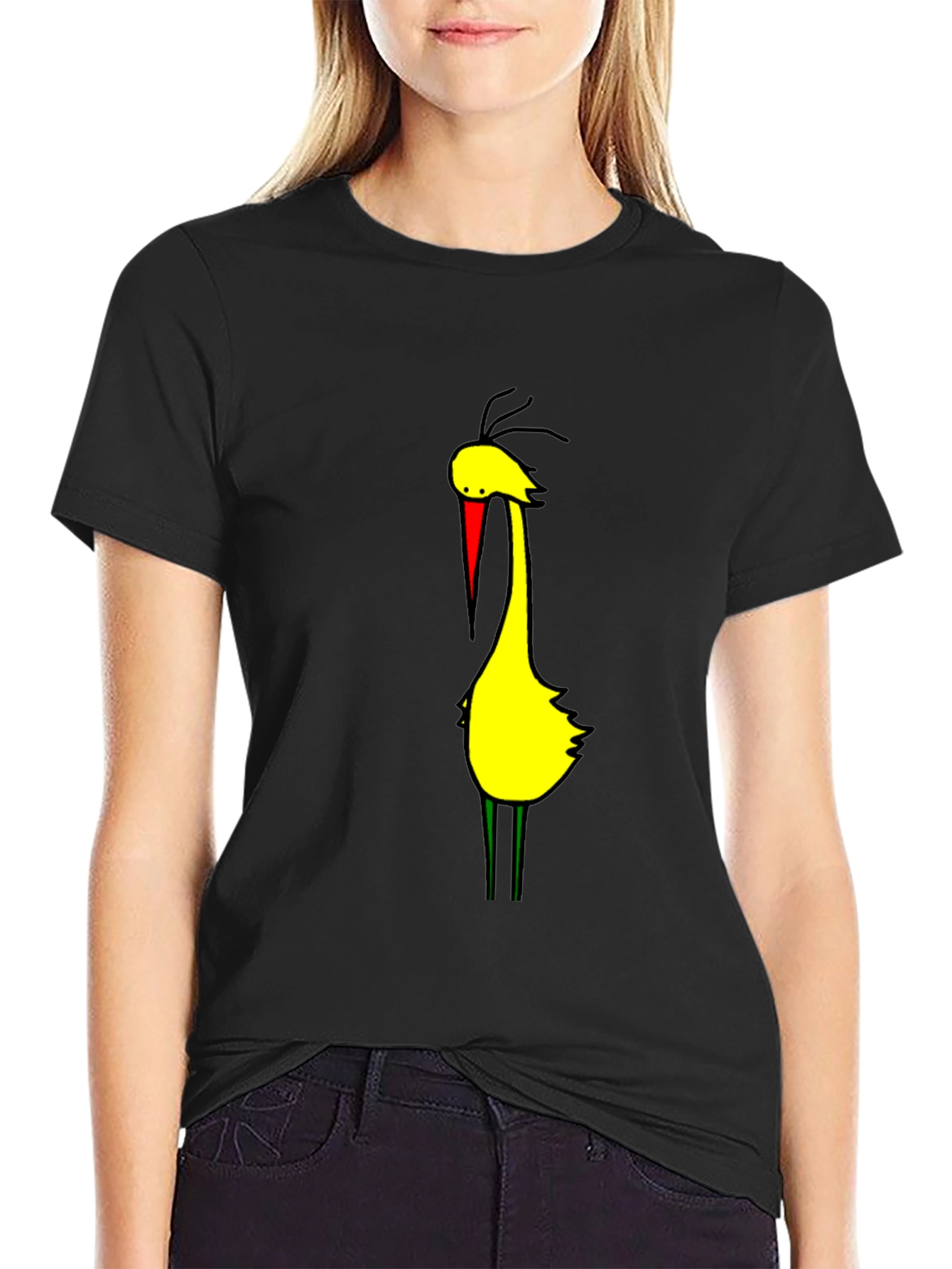 Cartoon Bird Graphic Tee - Black Cotton Blend