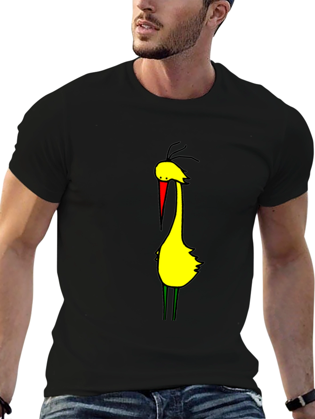 Cartoon Bird Graphic Tee - Black Cotton Blend