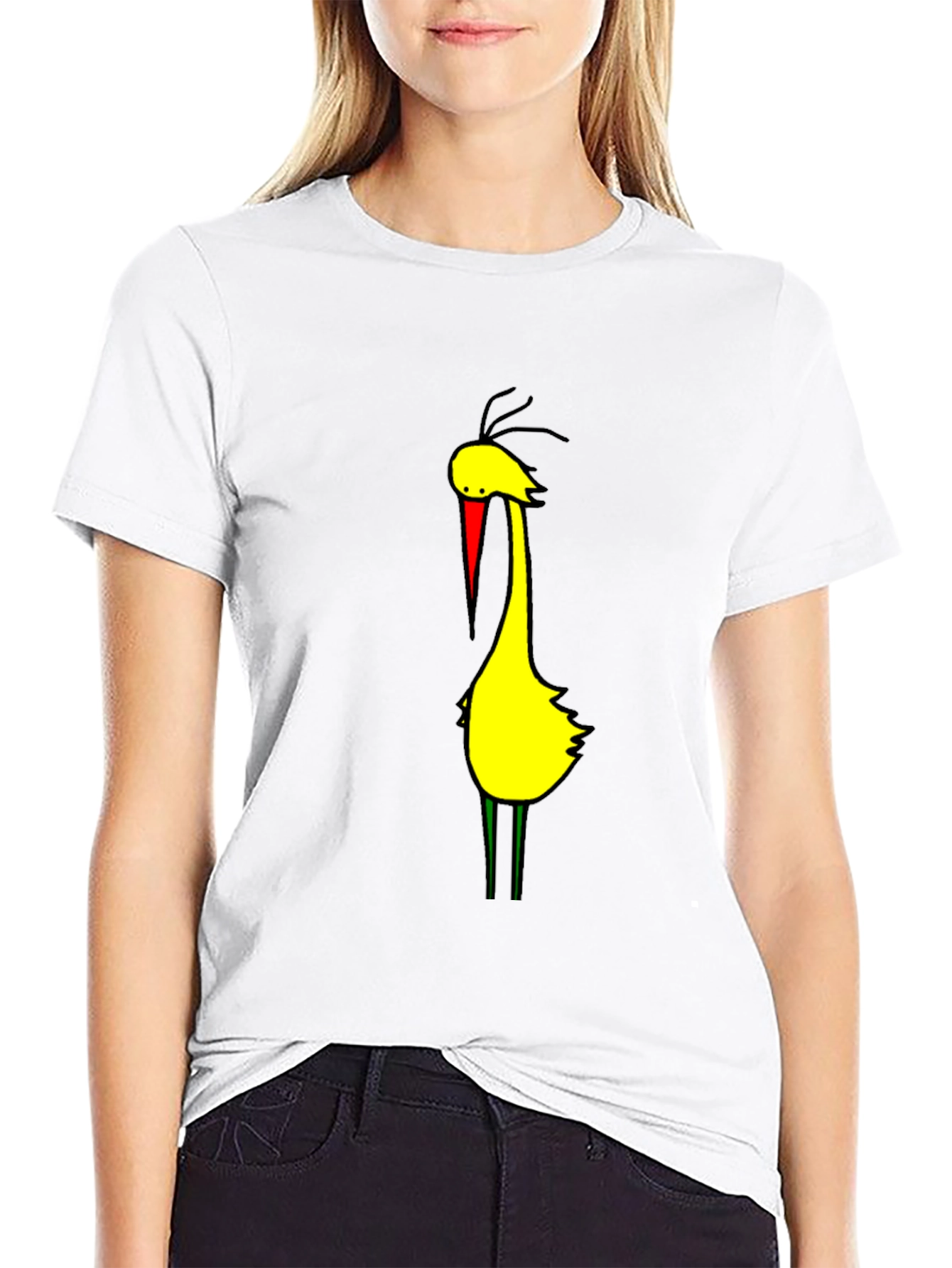 Cartoon Bird Graphic Tee - Black Cotton Blend