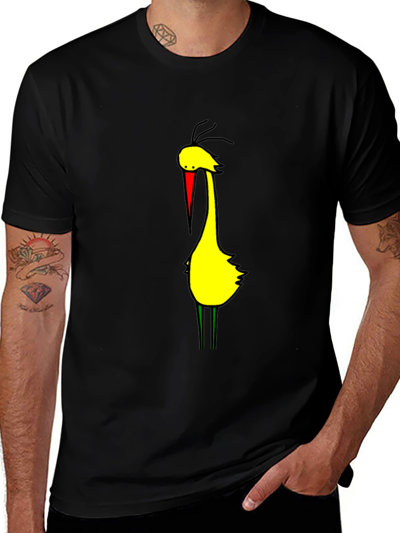 Cartoon Bird Graphic Tee - Black Cotton Blend
