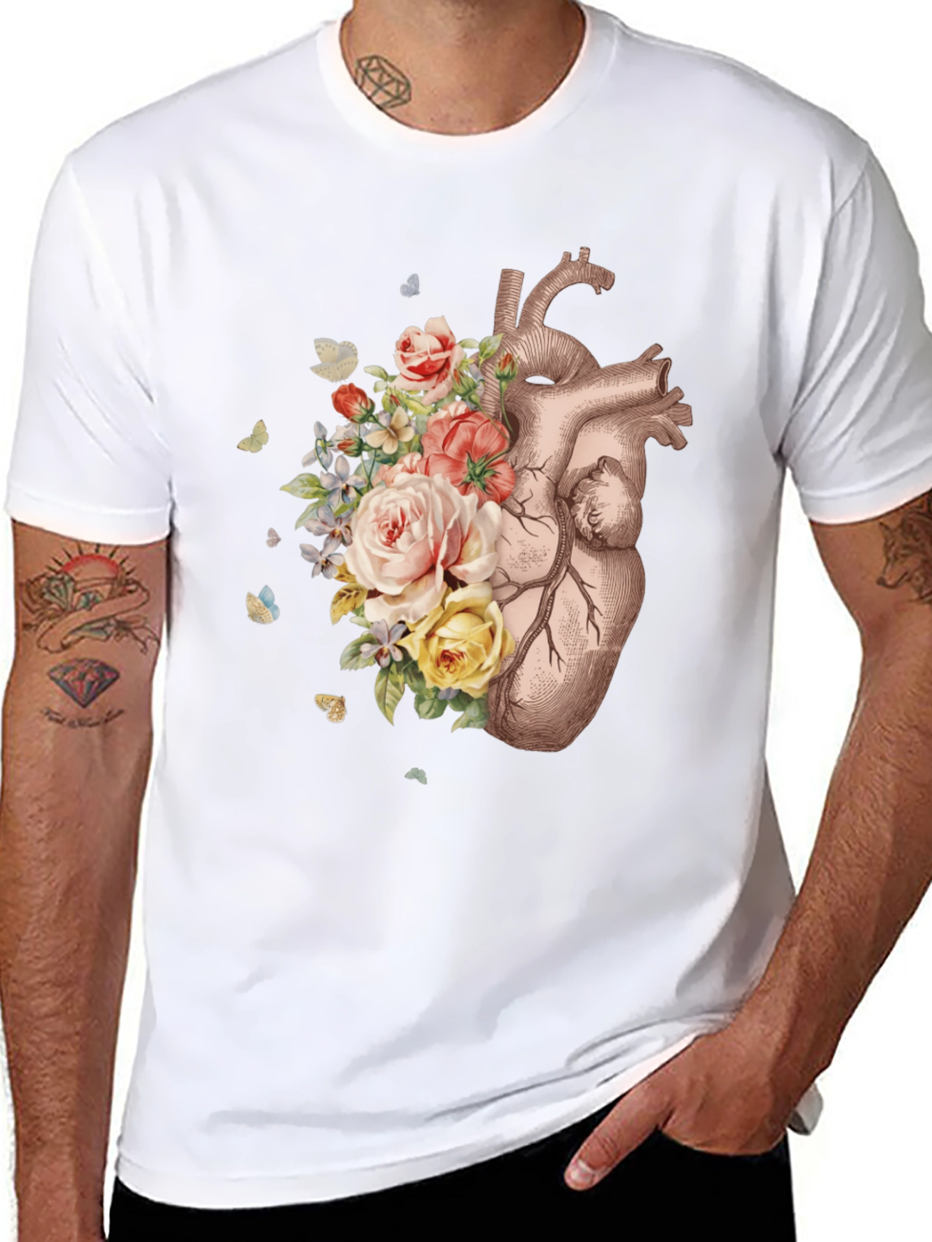Floral Heart Graphic Tee - Anatomical Art T-Shirt