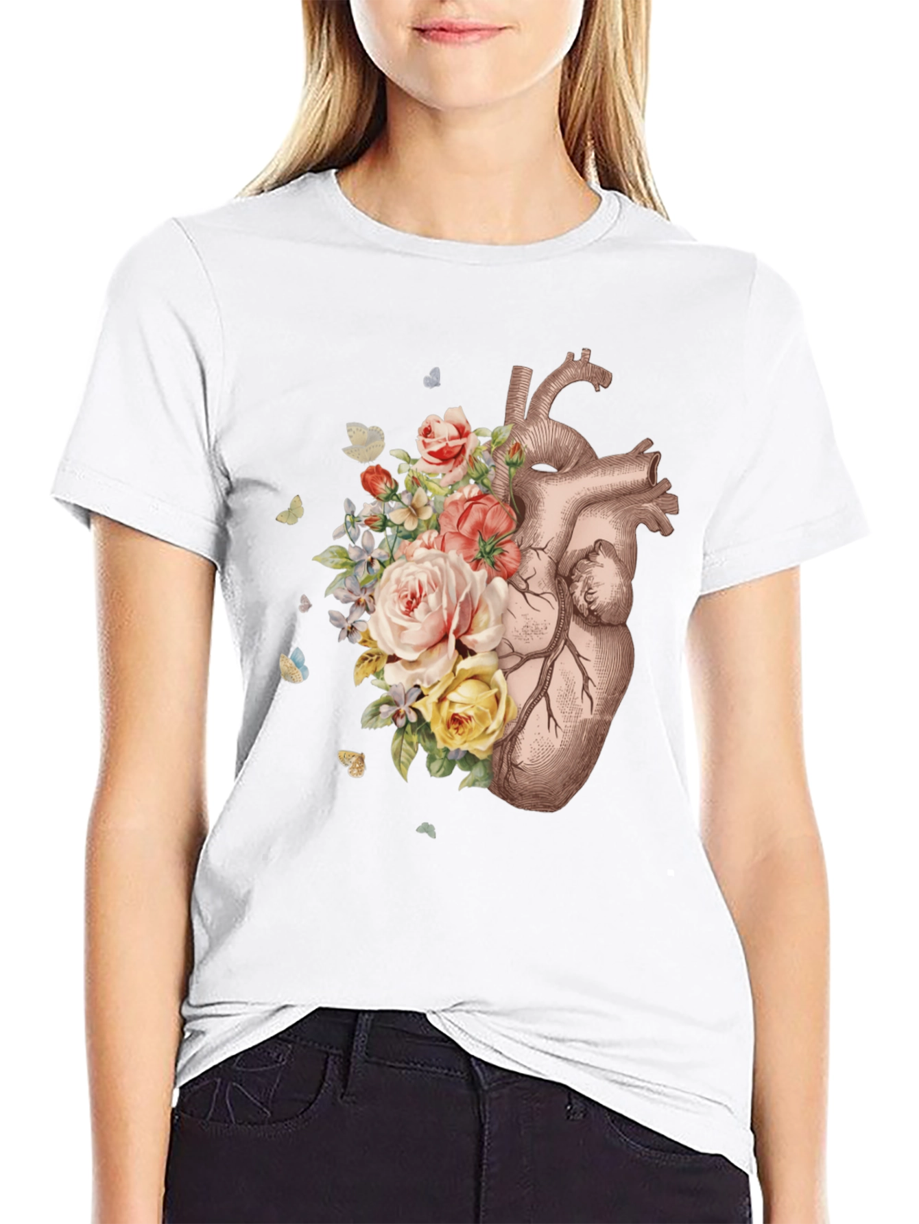 Floral Heart Graphic Tee - Anatomical Art T-Shirt
