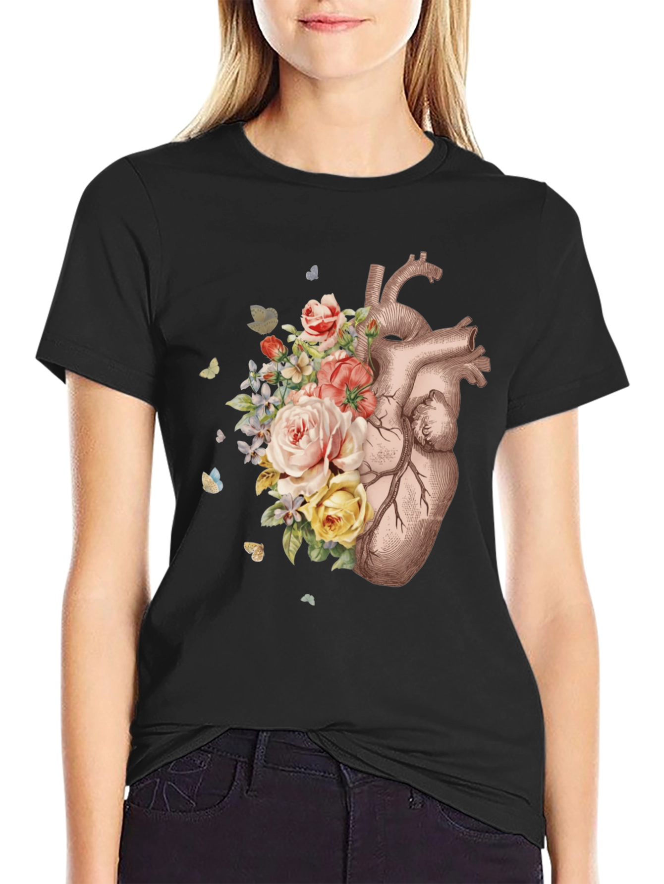 Floral Heart Graphic Tee - Anatomical Art T-Shirt