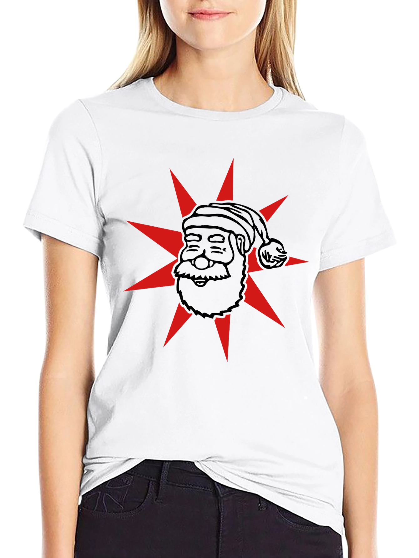 Festive Santa Star Graphic Tee - Black Cotton Blend