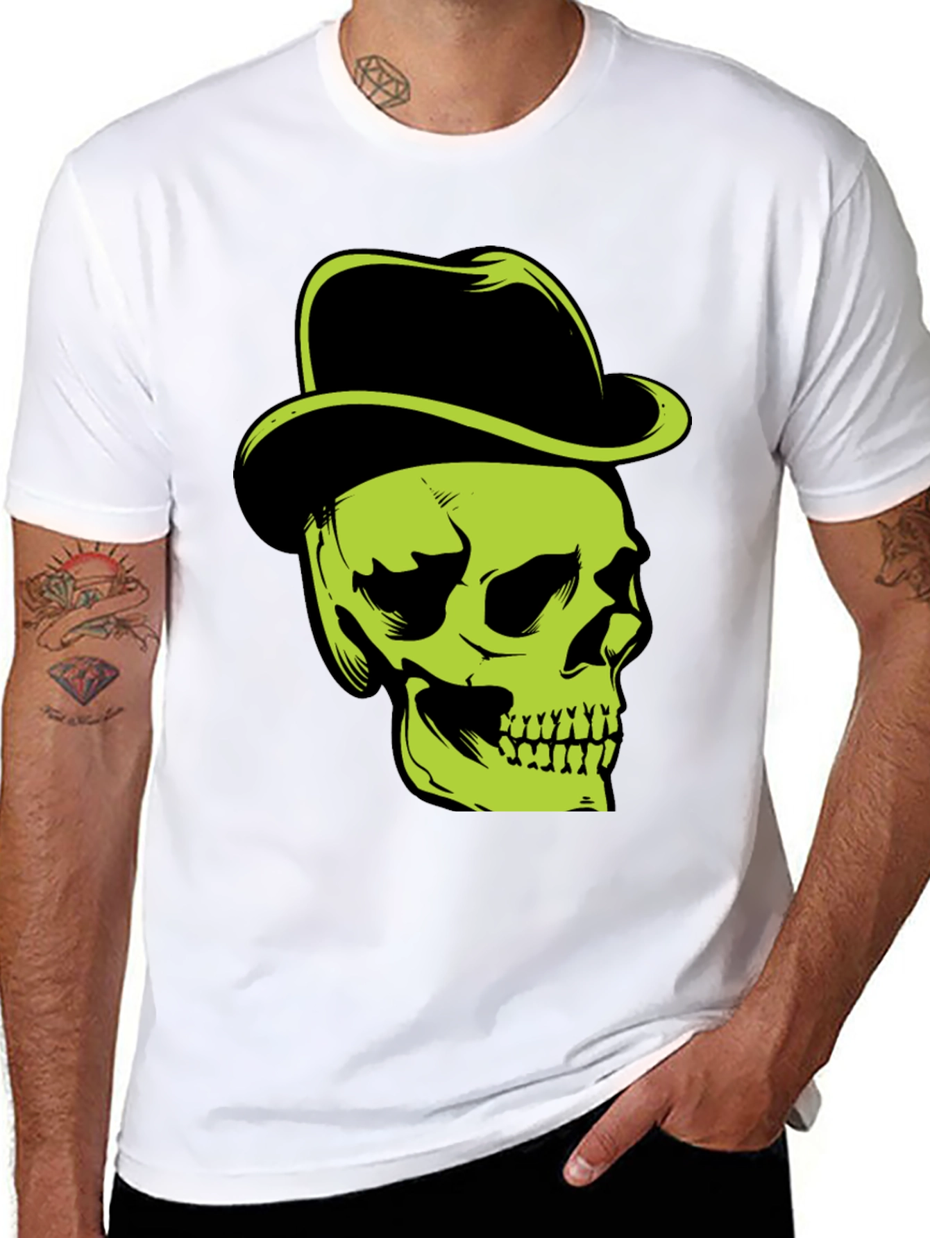 Skull with Hat Graphic T-Shirt - Edgy Style