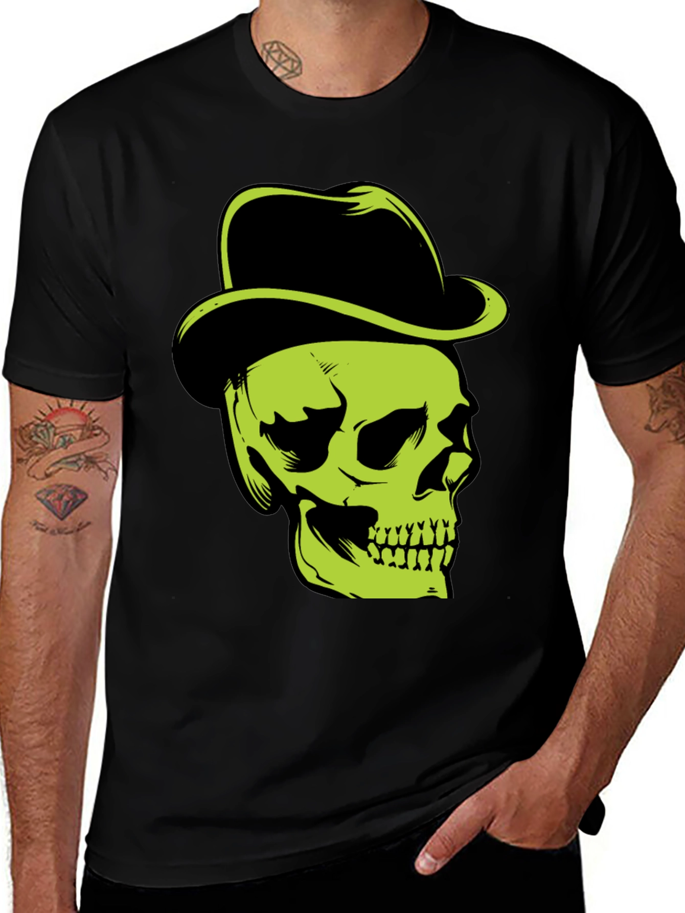 Skull with Hat Graphic T-Shirt - Edgy Style