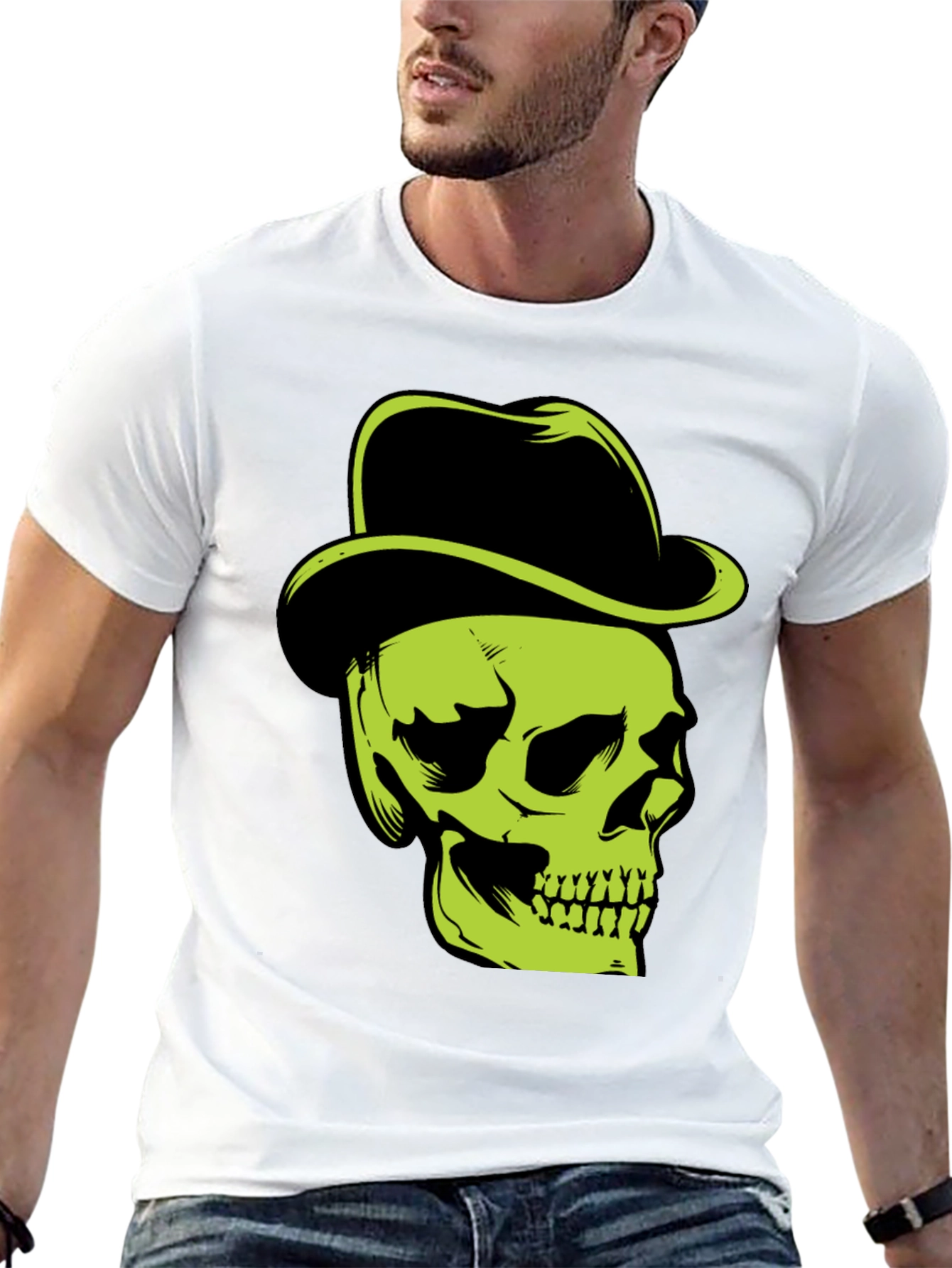 Skull with Hat Graphic T-Shirt - Edgy Style
