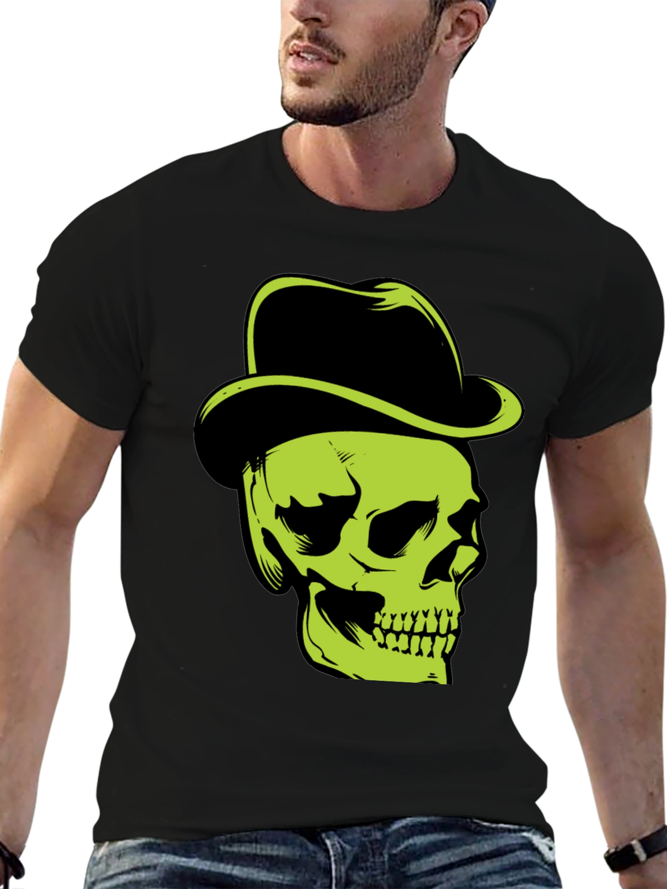 Skull with Hat Graphic T-Shirt - Edgy Style