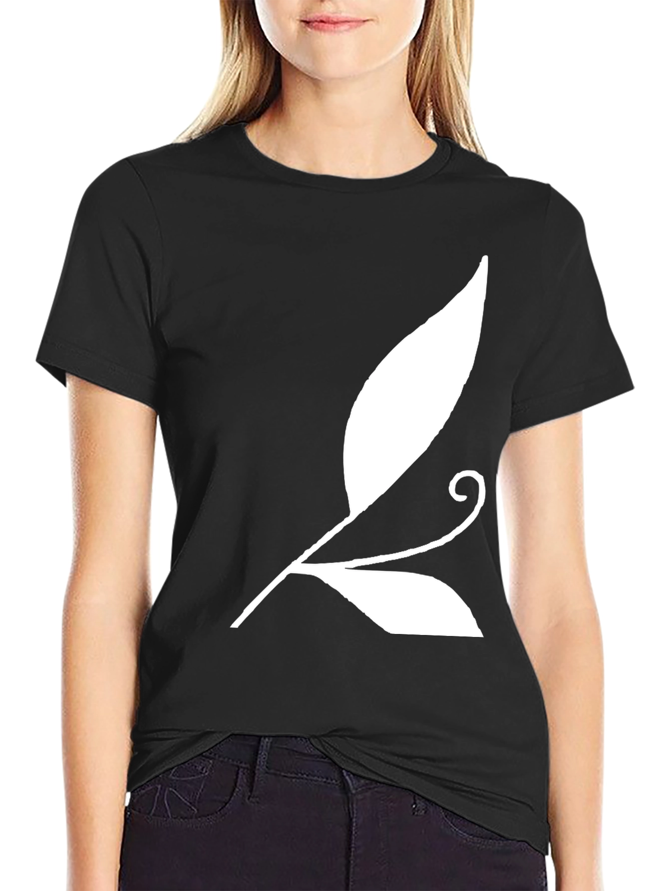 Black T-Shirt with White Leaf Design