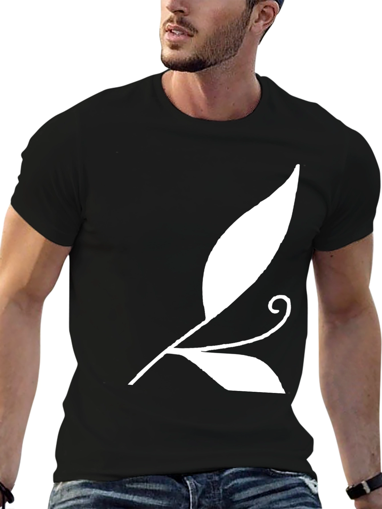 Black T-Shirt with White Leaf Design