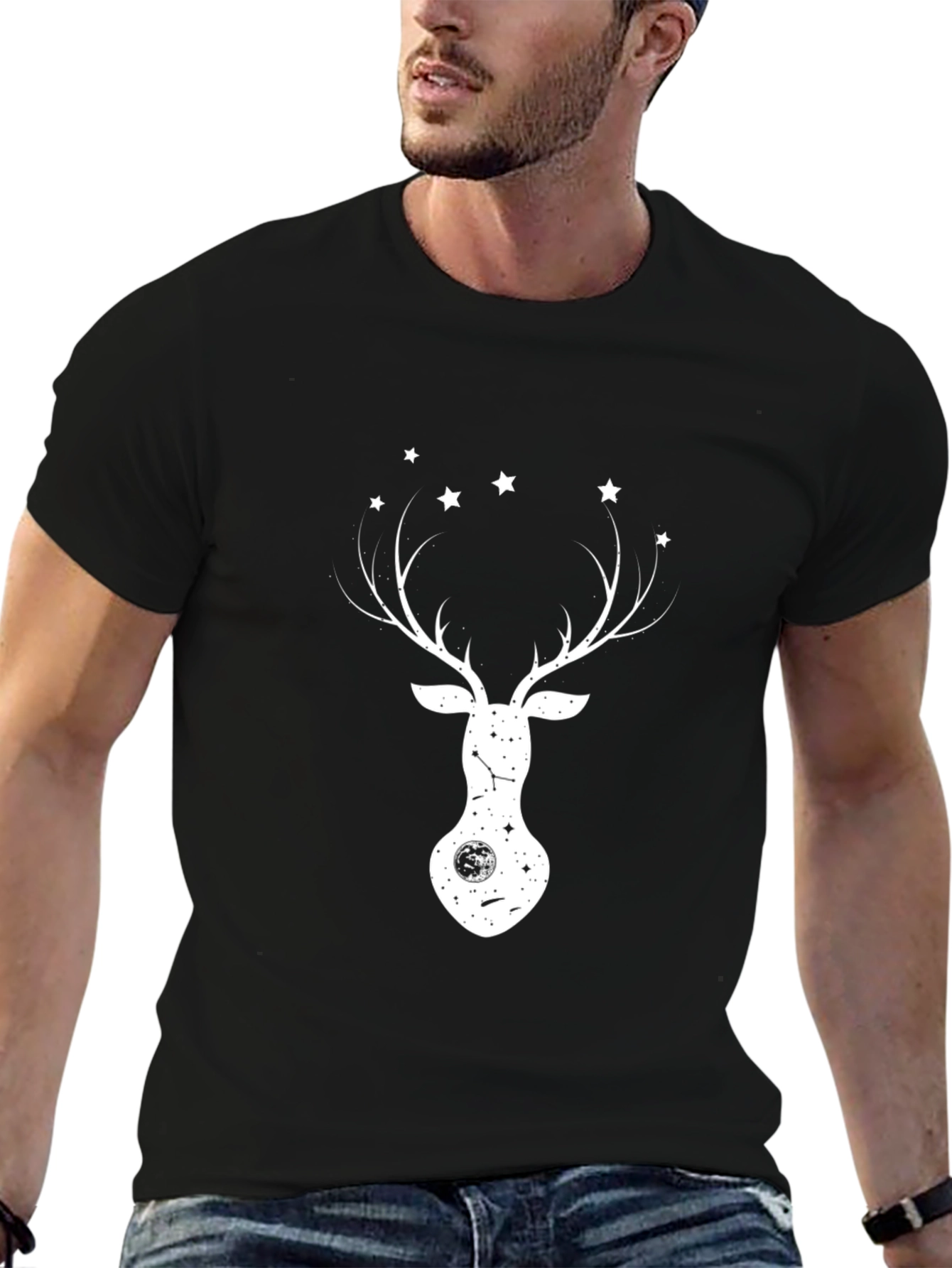 Deer & Stars Graphic Tee - Black Cotton Blend