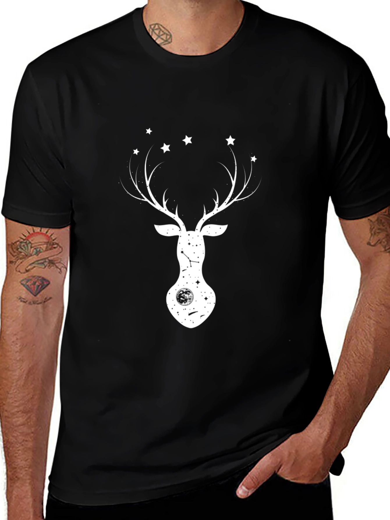 Deer & Stars Graphic Tee - Black Cotton Blend